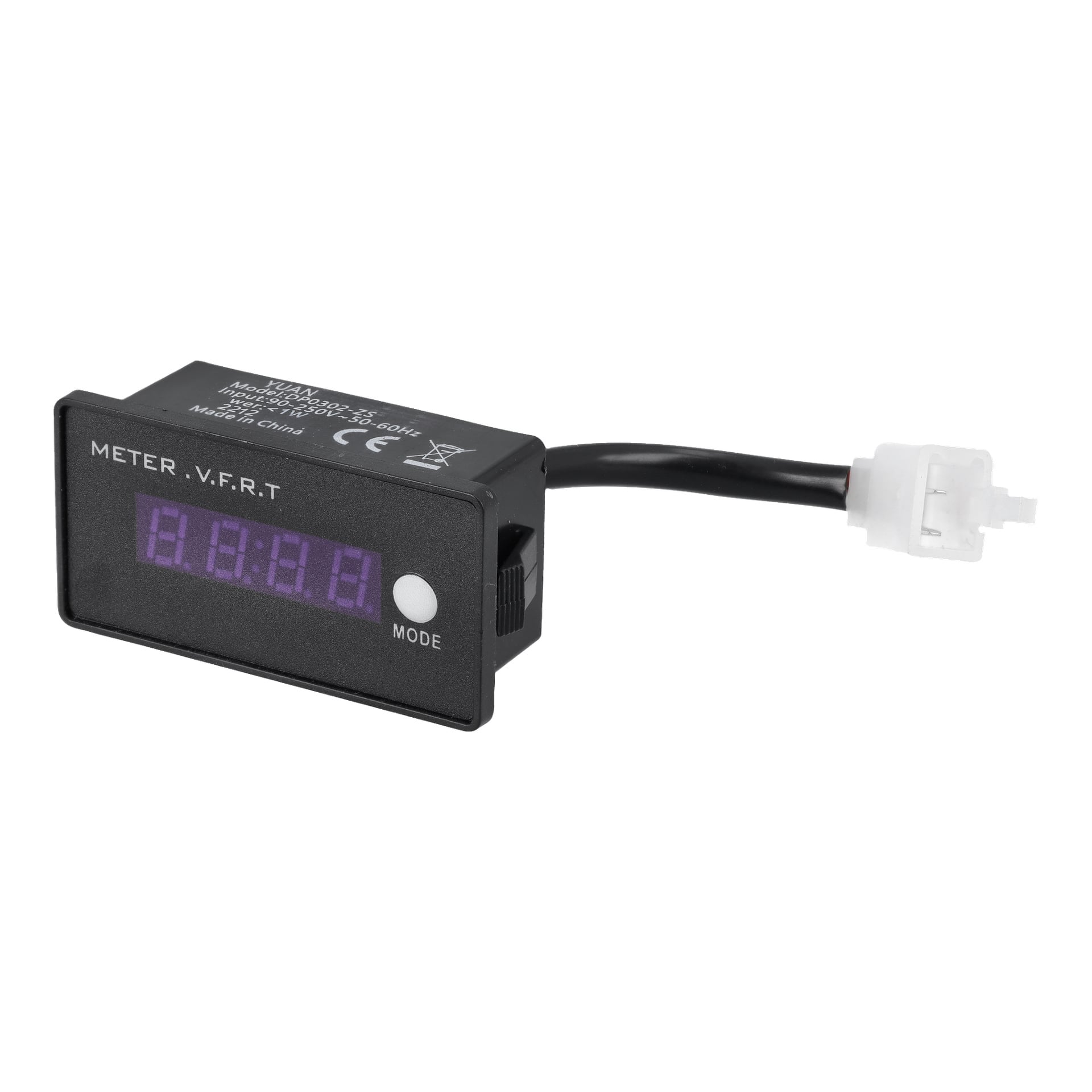 Multimeter F. 026523 posiada prostokątny wyświetlacz, przycisk trybu, krótki kabel oraz białe plastikowe złącze.