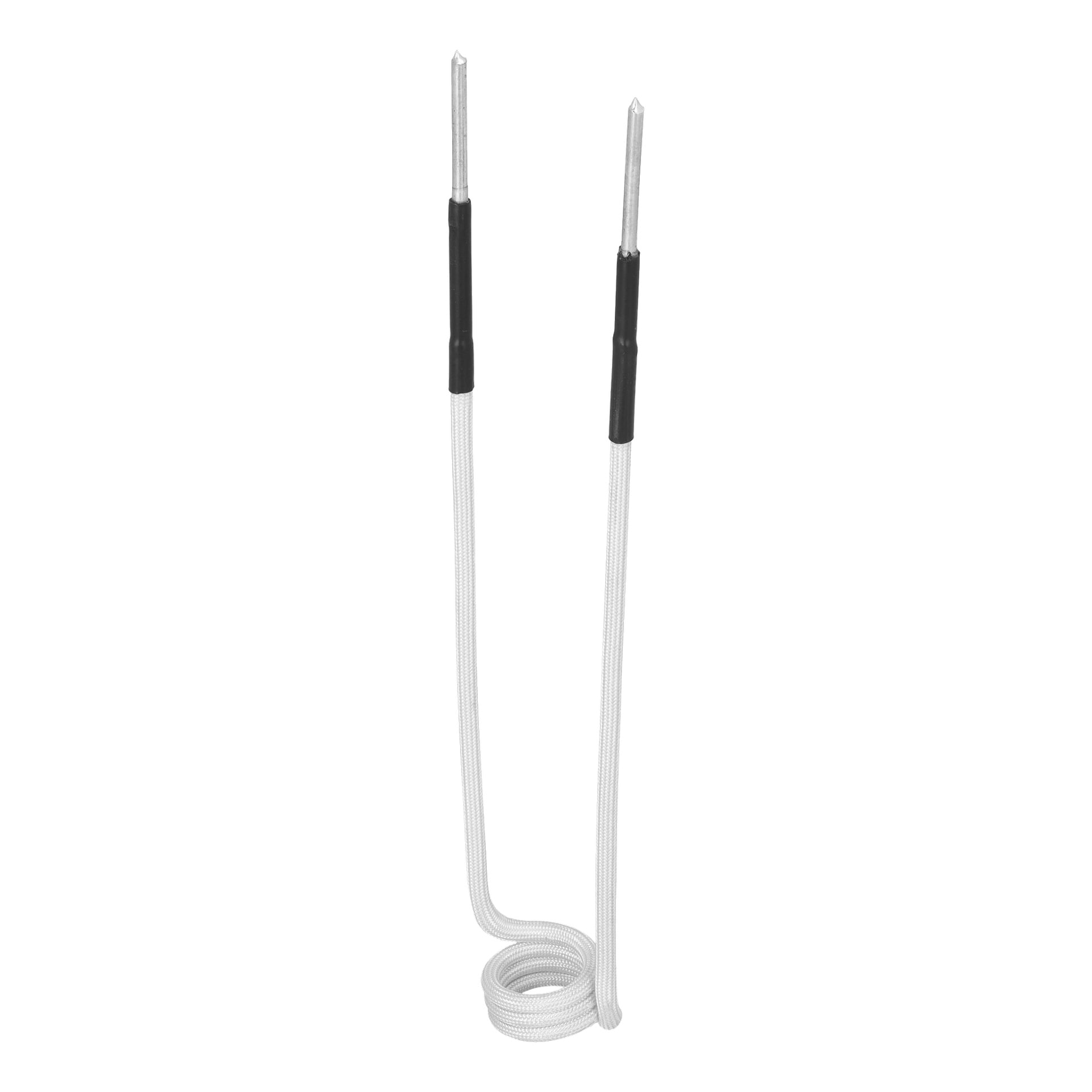 En flexibel silverspiral induktionsvärmare med vit flätad isolering och svarta ändhylsor, upprullad i ena änden och rak i den andra.