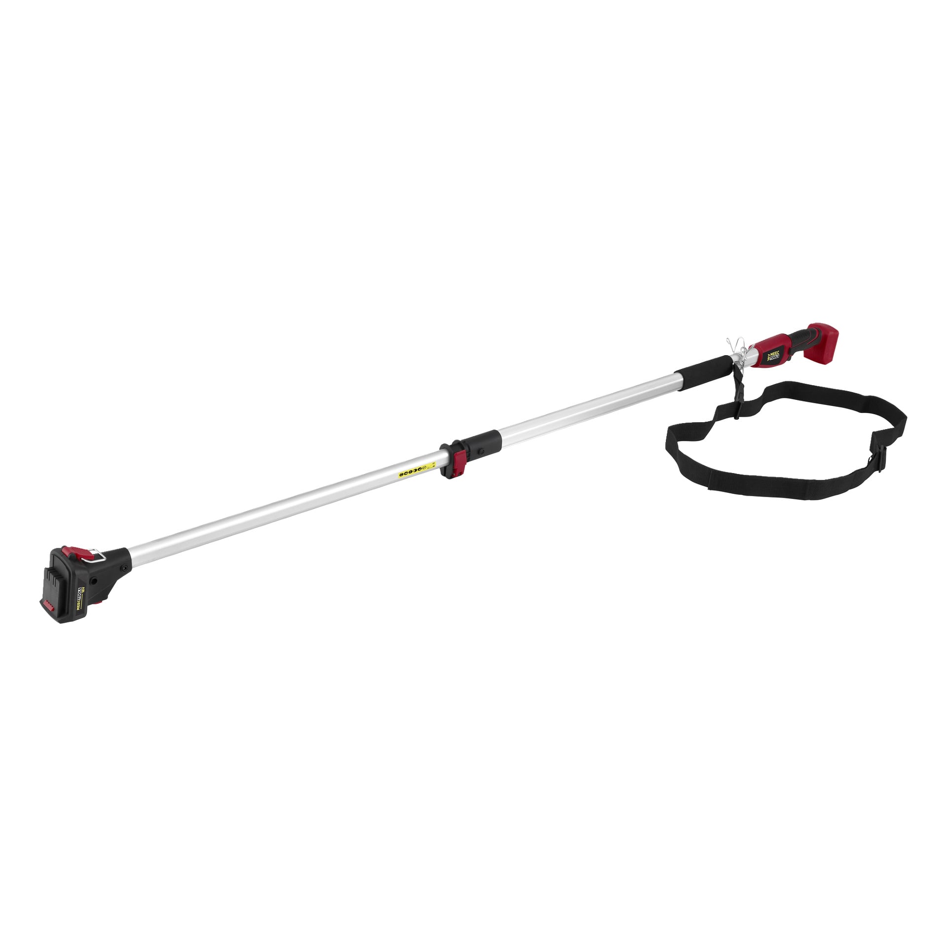 Ein Meec Tools Multiseries Teleskopgriff für eine Handkettensäge, ausgestattet mit einer silbernen Verlängerungsstange, roten und schwarzen Akzenten an jedem Ende, einem gesicherten Sicherheitsgurt und einem freiliegenden Batteriefach; Geeignet zum Schneiden von Ästen.