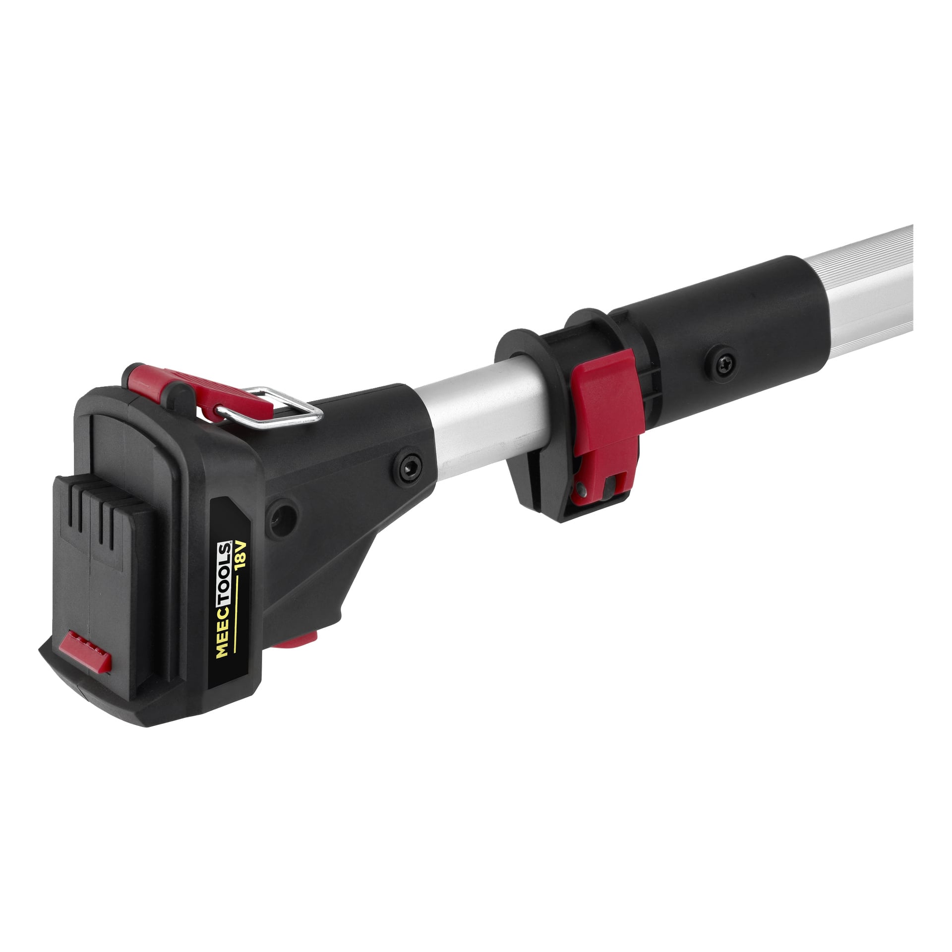Nahaufnahme eines teleskopischen Handkettensägengriffs, der ein schwarz-rotes Batteriefach zeigt, das mit einer silbern-schwarzen Welle verbunden ist. Das Batterieetikett lautet Meec Tools Multiseries 18V in Gelb und Weiß.