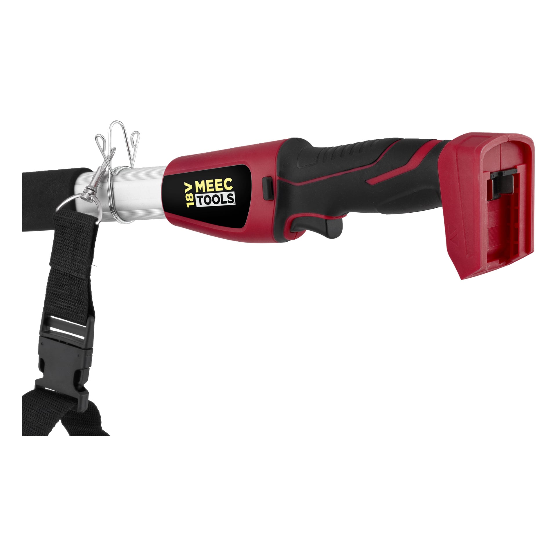Detaillierte Ansicht eines rot-schwarzen Meec Tools Multiseries Teleskopgriffs für eine Handkettensäge, mit einem befestigten schwarzen Riemen und deutlich sichtbarem Batteriefach am Ende.