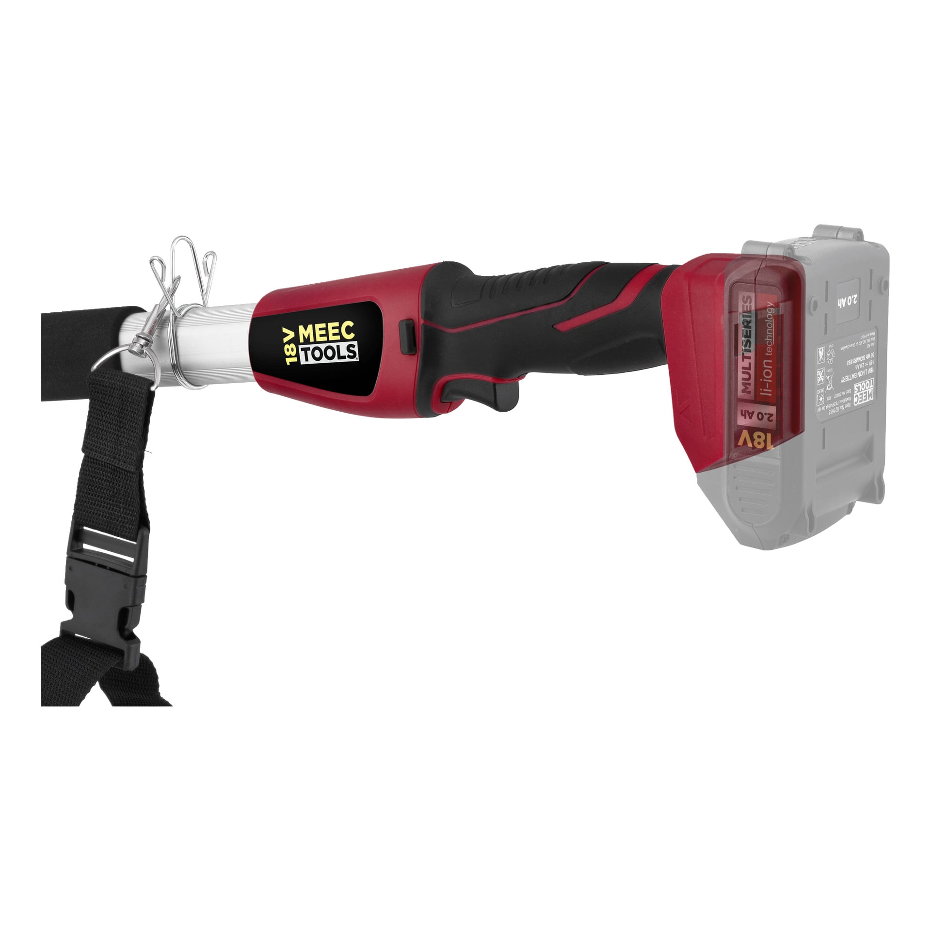 Nahaufnahme eines roten und schwarzen Meec Tools Multiseries Teleskopgriffs für eine Handkettensäge, der sich auf das Batteriefach konzentriert und einen Teil eines Gurts mit einer Kunststoffschnalle zeigt. Die Batterie ist als halbtransparente Darstellung dargestellt.
