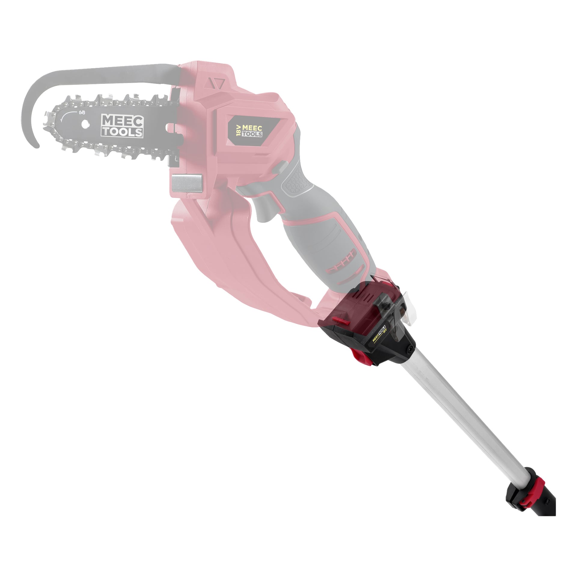 Ein roter und grauer Meec Tools Multiseries Teleskopgriff für eine Handkettensäge, der eine freiliegende Klinge mit einem Schutzband zeigt und an eine Metallverlängerung zum Schneiden hoher Äste angeschlossen ist.