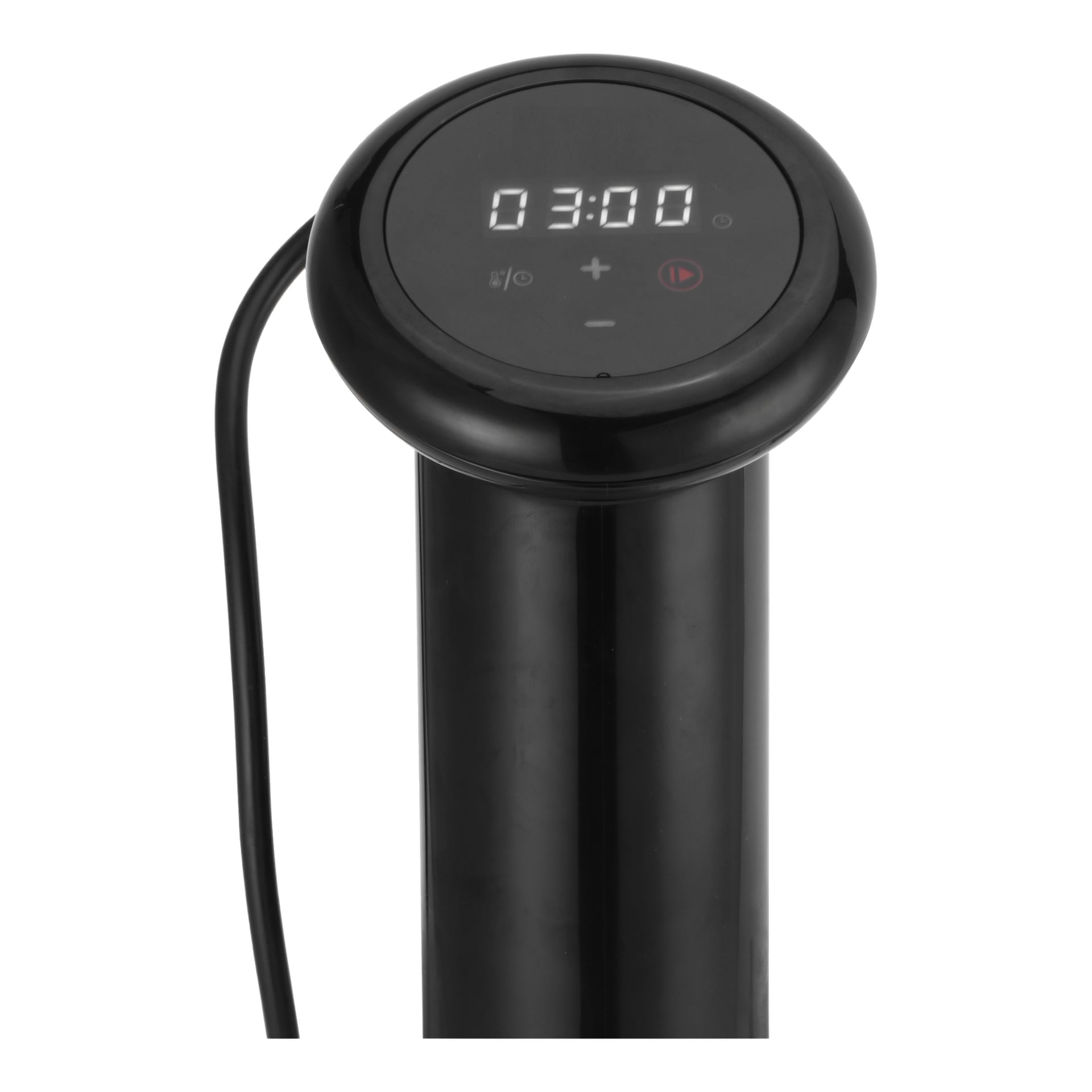 Nærbilde av en svart sylindrisk Bright sous vide-sirkulator med en digital skjerm som viser 03:00, pluss- og minusknapper, og en av/på-knapp. En strømkabel går ut fra venstre side.