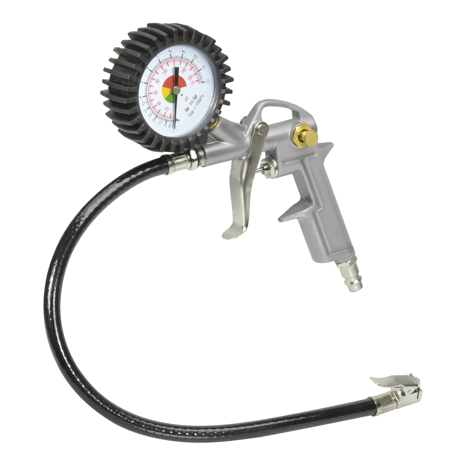 Stanley Air Tools 8-delade set har en däcktrycksmätare med svart slang, metallhandtag och analog mätare för att mäta lufttrycket, samt en fäst chuck för att pumpa upp däcken.