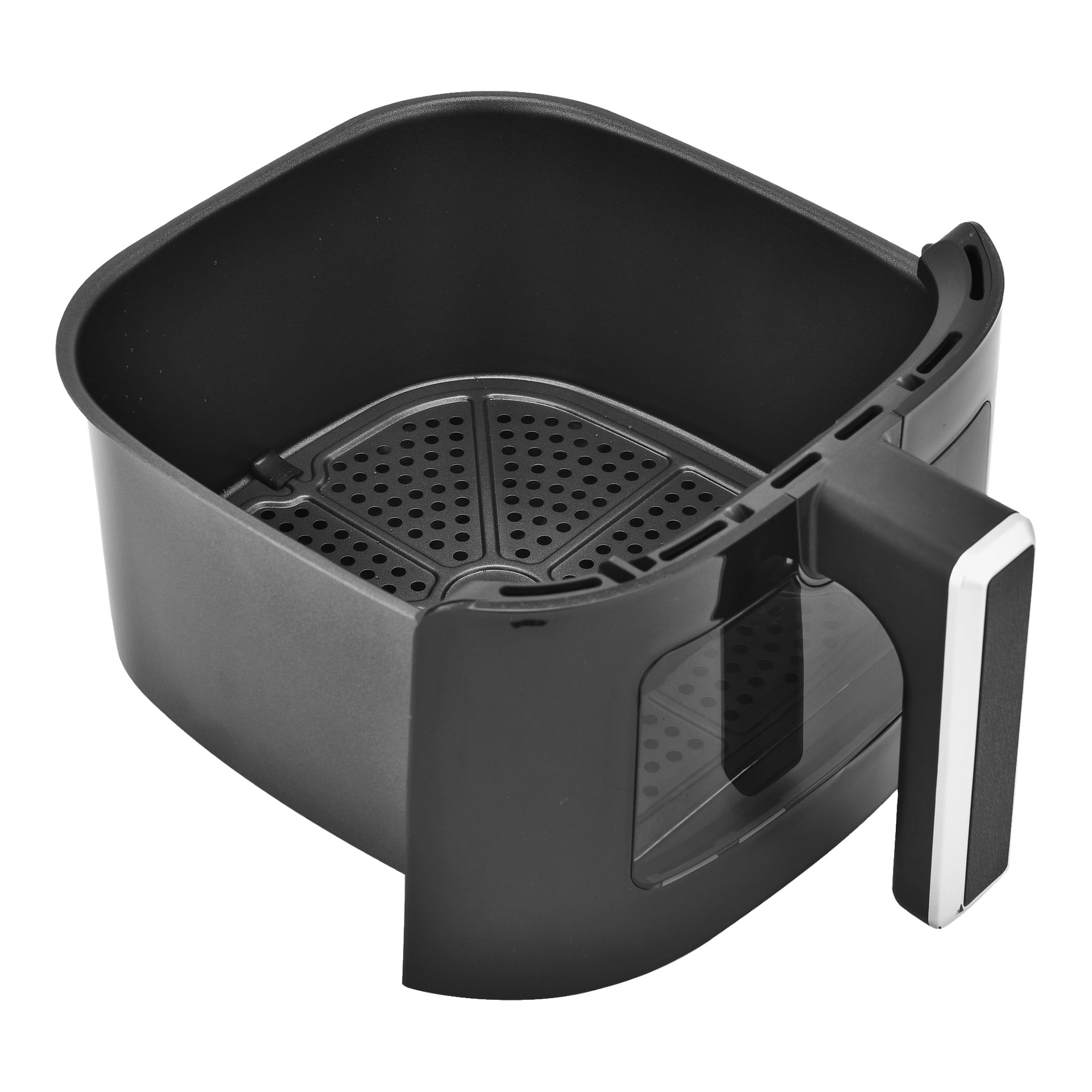 En svart Bright Airfryer-korg med handtag och ett tomt inre syns från ett vinklande översiktsperspektiv. En perforerad avtagbar bricka täcker botten, designad för att förbättra luftflödet för jämn tillagning.
