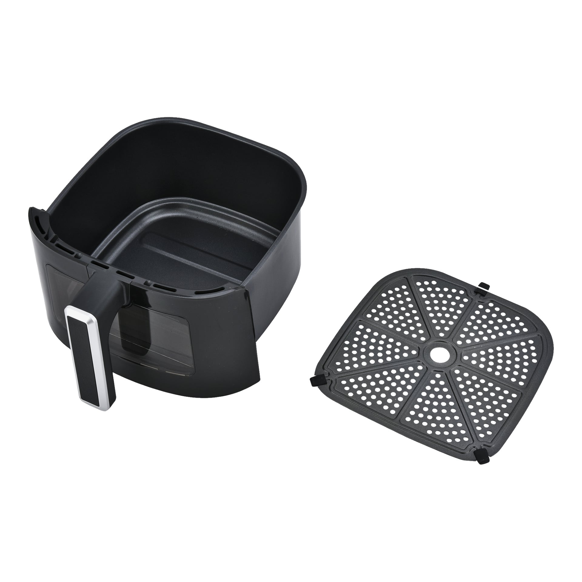 En slank svart Bright Air Fryer-korg med handtag visas bredvid dess avtagbara perforerade bricka.