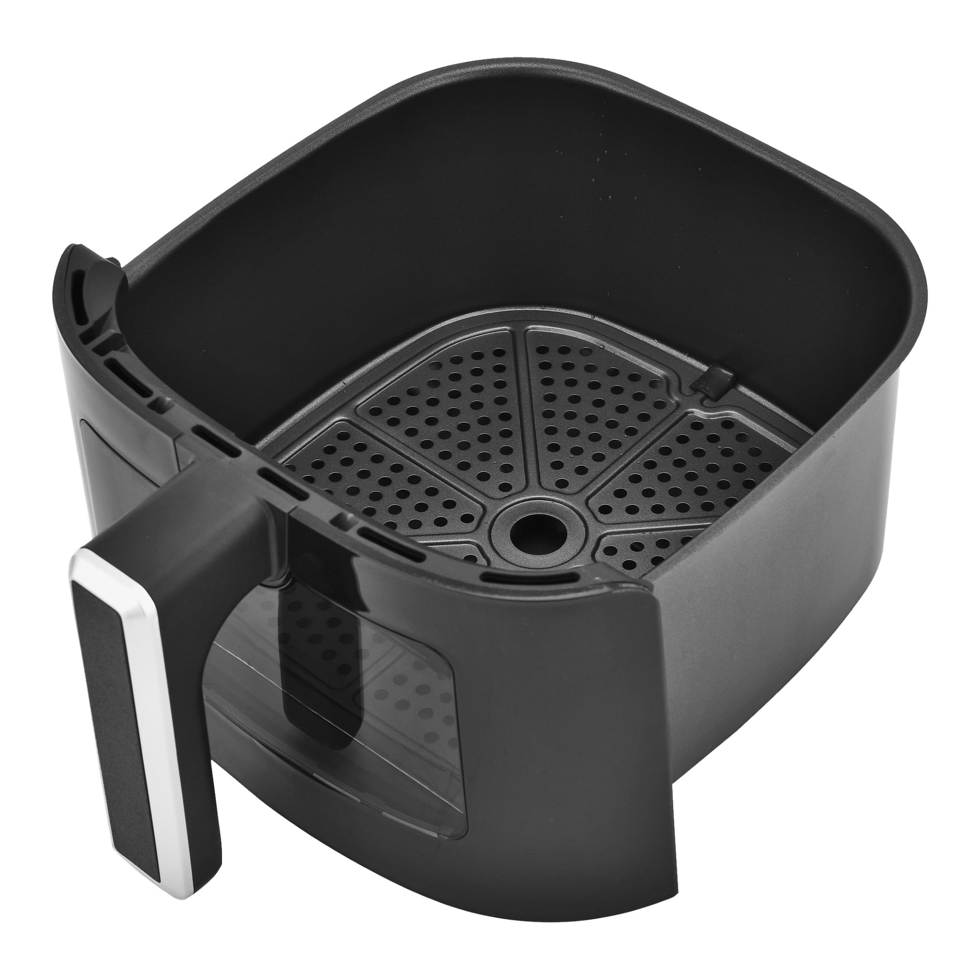 En svart Bright Airfryer-korg visas tom, med ett handtag och en perforerad bricka designad för optimal luftflöde och tillagningsprestanda.