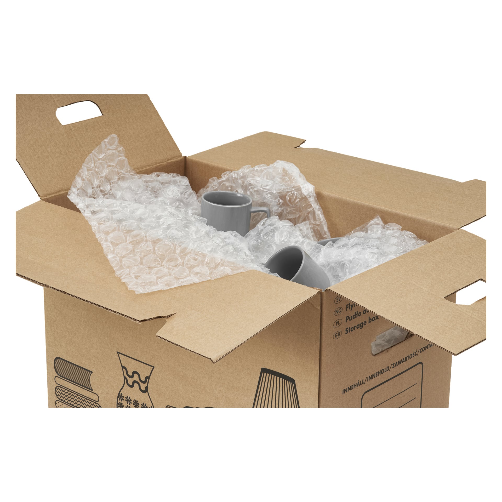 Eine mit Luftpolsterfolie ausgekleidete Pappschachtel von Hard Head enthält drei graue Tassen, von denen nur zwei vollständig sichtbar sind. Die offene Box zeigt gedruckte Illustrationen und Text an der Seite.