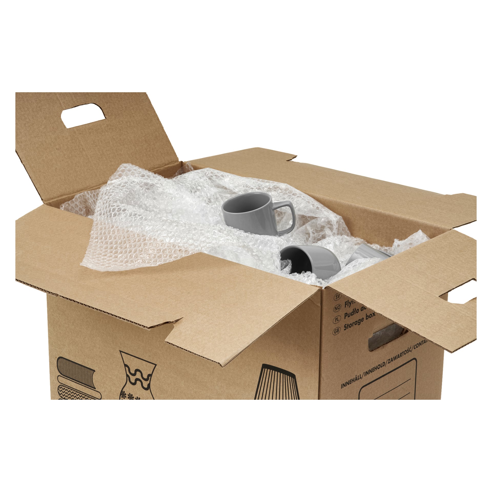 Avoin pahvilaatikko, joka on pakattu muuttoa varten, sisältää harmaita mukkeja ja lautanen, kaikki pehmustettu ja ympäröity Hard Head Bubble Wrapilla. Laatikon läpät ovat auki, jolloin sisällä oleva suojapakkaus näkyy.