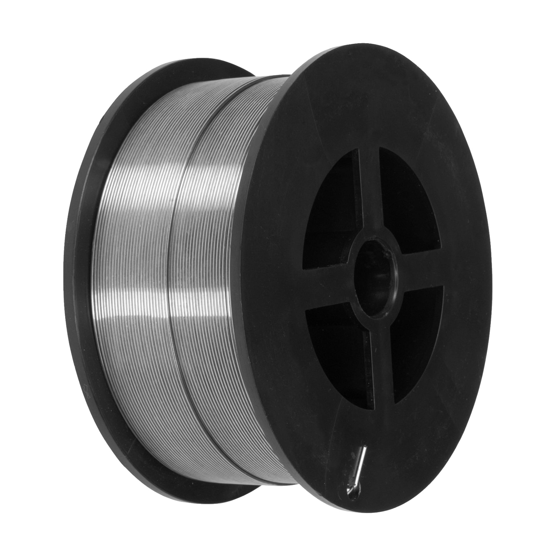 ESAB Welding Wire OK Autrod 316LSi -kela on tiukasti kierretty mustalle muovikelalle, jossa on keskellä oleva aukko ja neljä leveää pinnaa, ja kiiltävä metallinen lanka vangitsee valon.