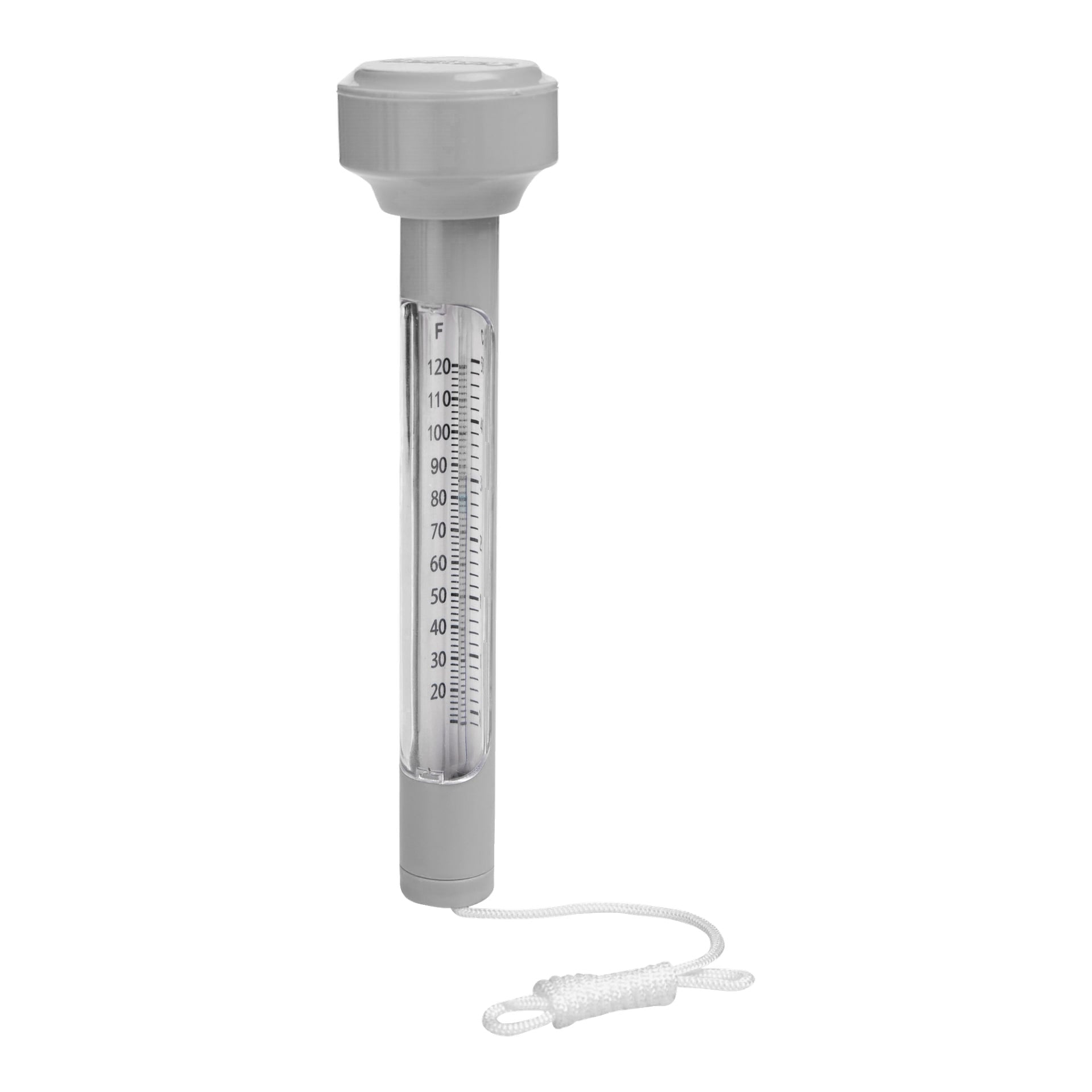 Bestway Pool Thermometer er designet for å flyte på vann, med et gjennomsiktig rør som viser temperaturmålinger i Fahrenheit. Den har grå topp og bunn og inkluderer en hvit snor for feste.