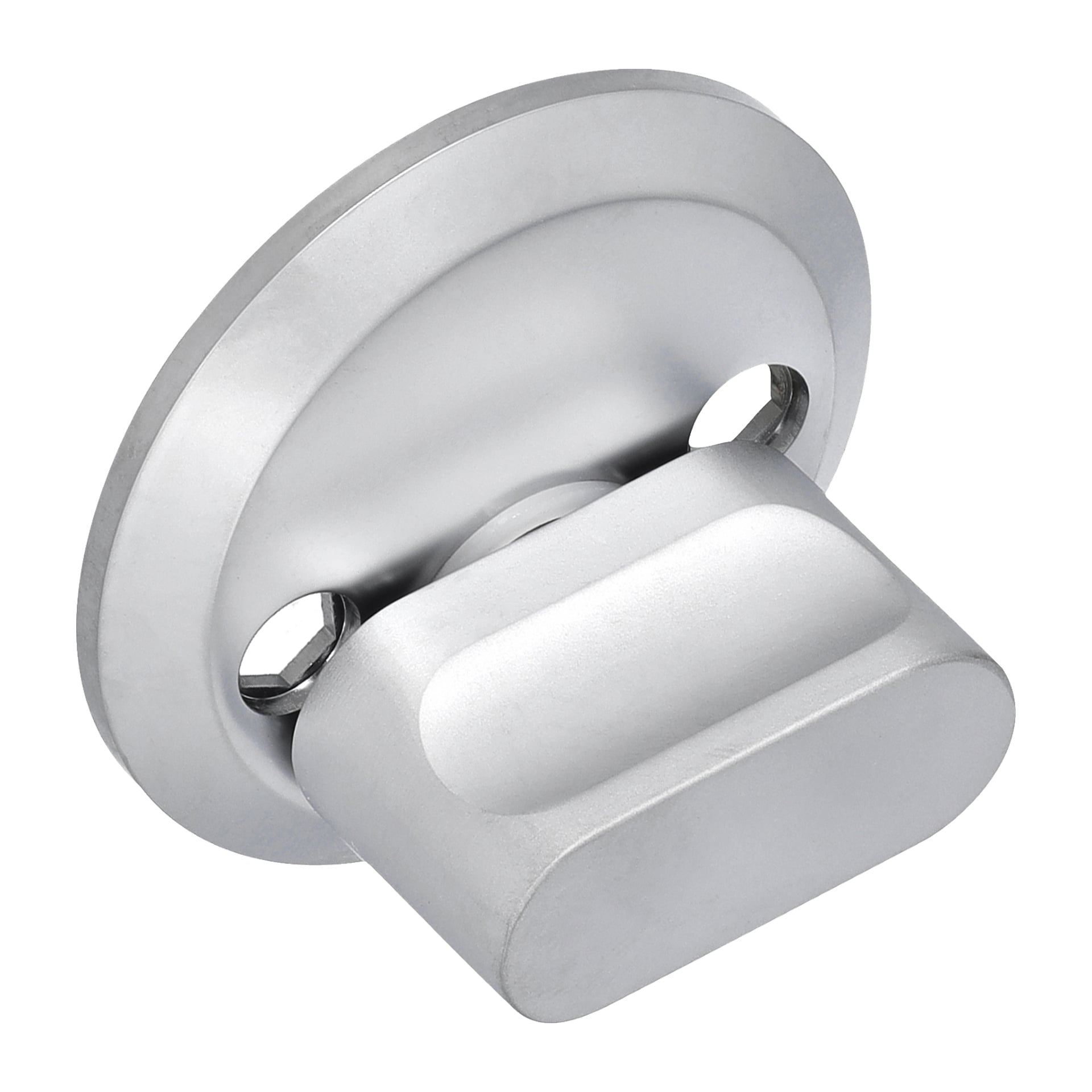 Nærbilde av Hard Head Front Door Handle som viser dens sølvfargede metalloverflate, rektangulære base, sirkulære bakplate og to monteringsskruehull.