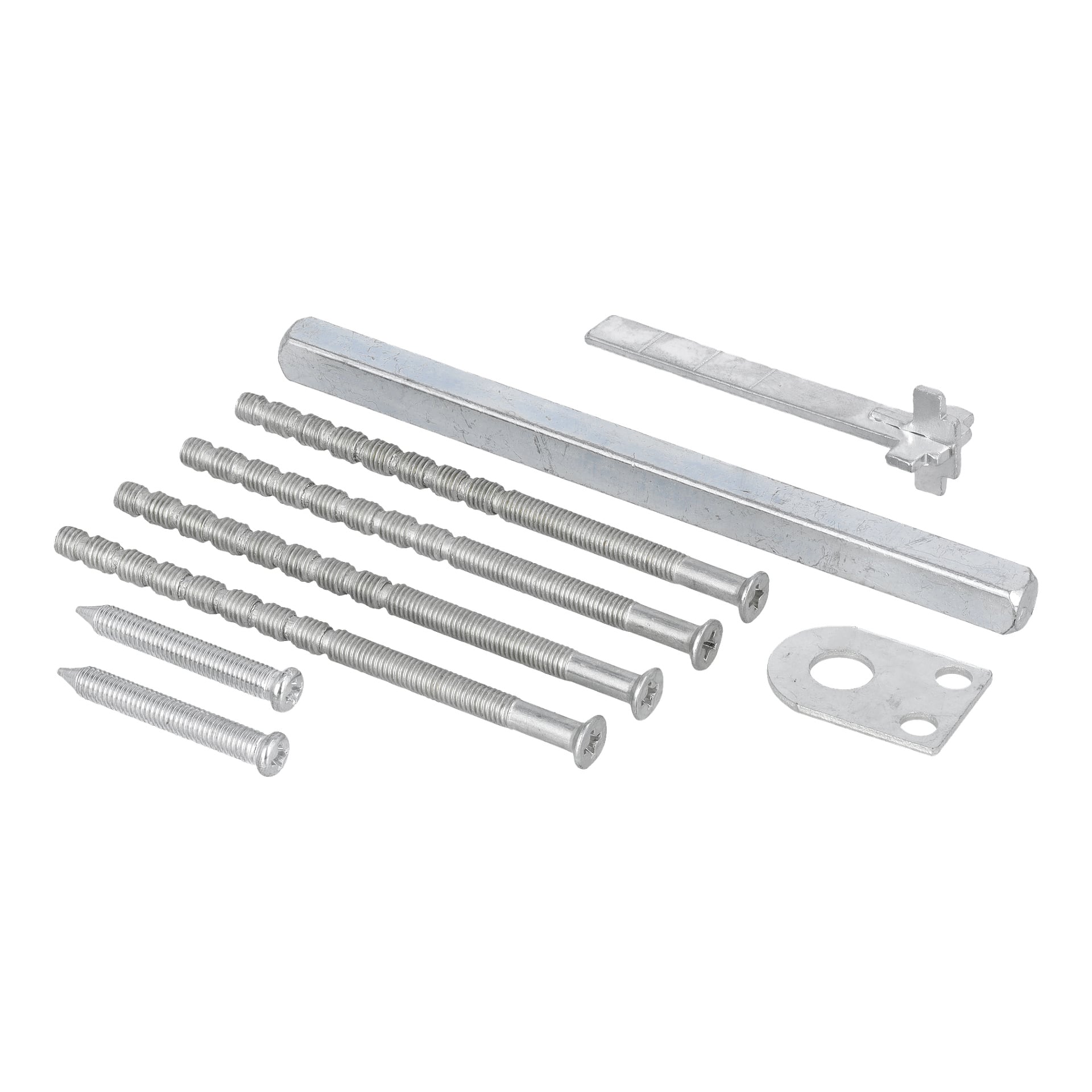 Et Hard Head ytterdørhåndtak med fem metallskruer i ulike lengder, en lang sekskantet stang, en flat brakett med hull og en hakket metallbit, alt pent arrangert.