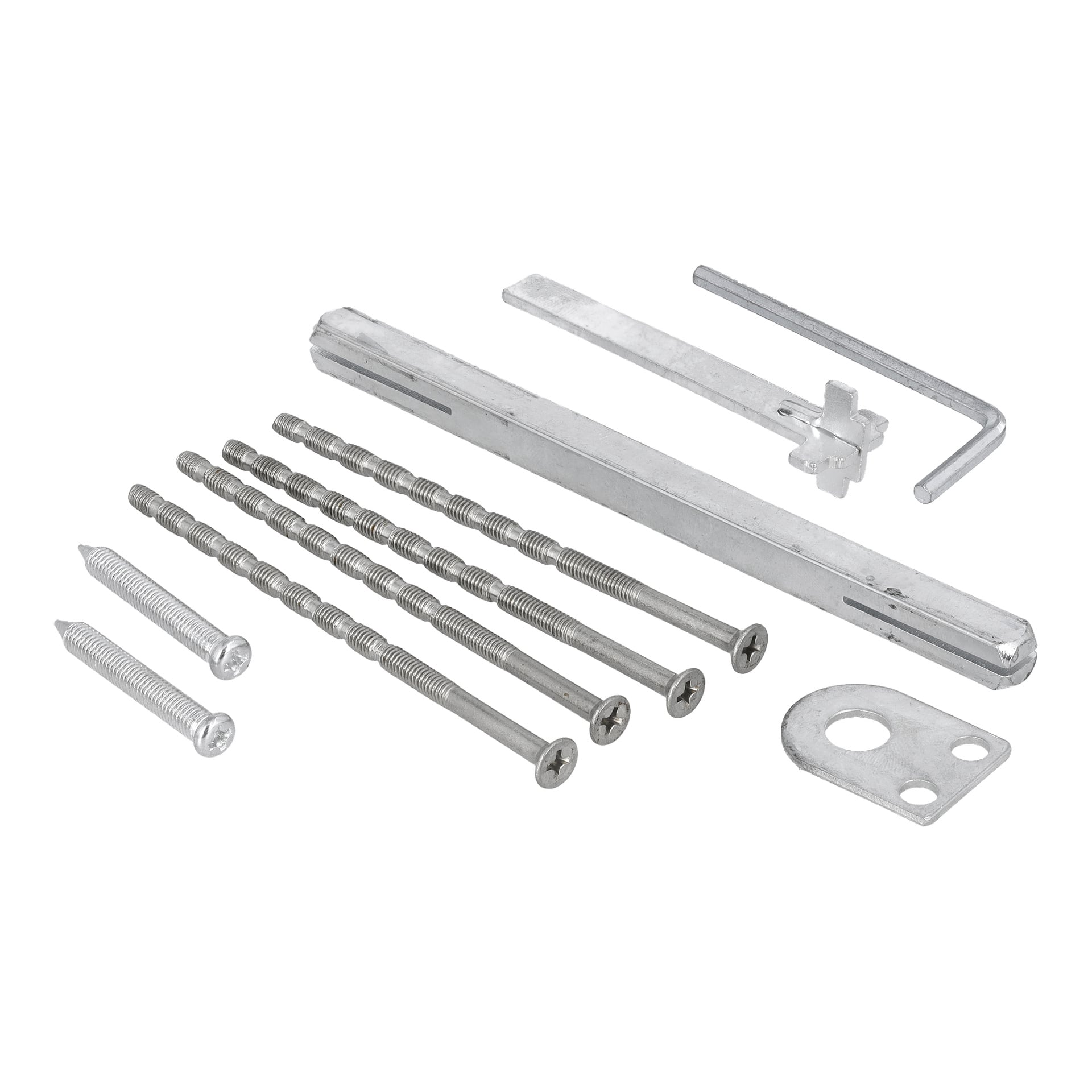 En samling børstede nikkel-deler til Hard Head Front Door Handle, inkludert fem lange skruer, to korte skruer, en metallstang, en L-formet unbrakonøkkel, en flat plate med hull og en liten låsedel—alt organisert i en ryddig planløsning.