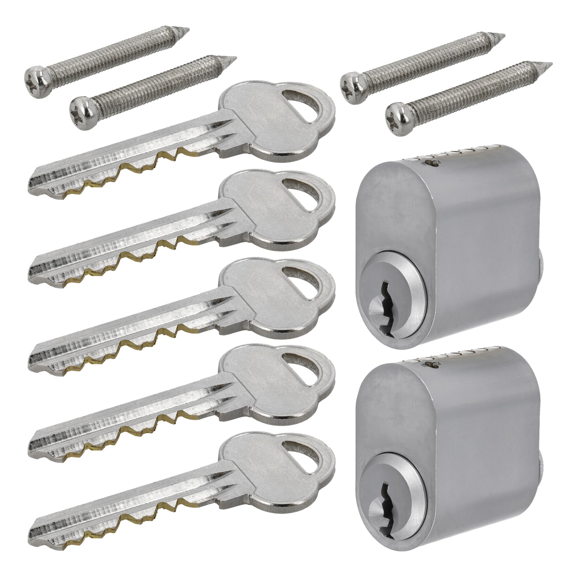Zwei Satinchrom-Hard-Head Lock-Zylindereinheiten, sechs passende silberne Schlüssel und vier Metallschrauben sind ordentlich zur Ausstellung angeordnet.