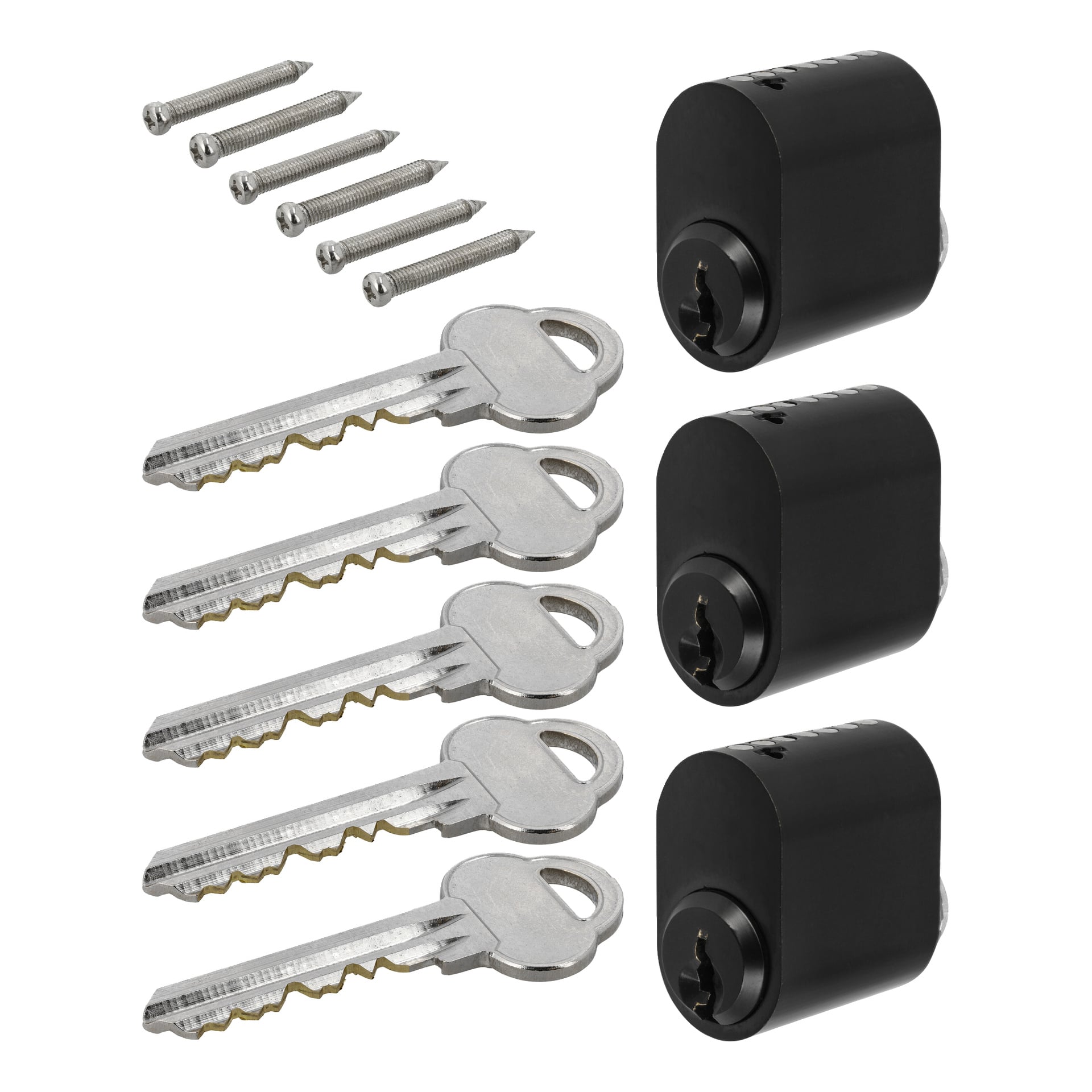 Drei schwarze Hardhead-Lock-Zylindereinheiten sind mit sechs passenden silbernen Schlüsseln und sechs silbernen Schrauben ausgestellt.