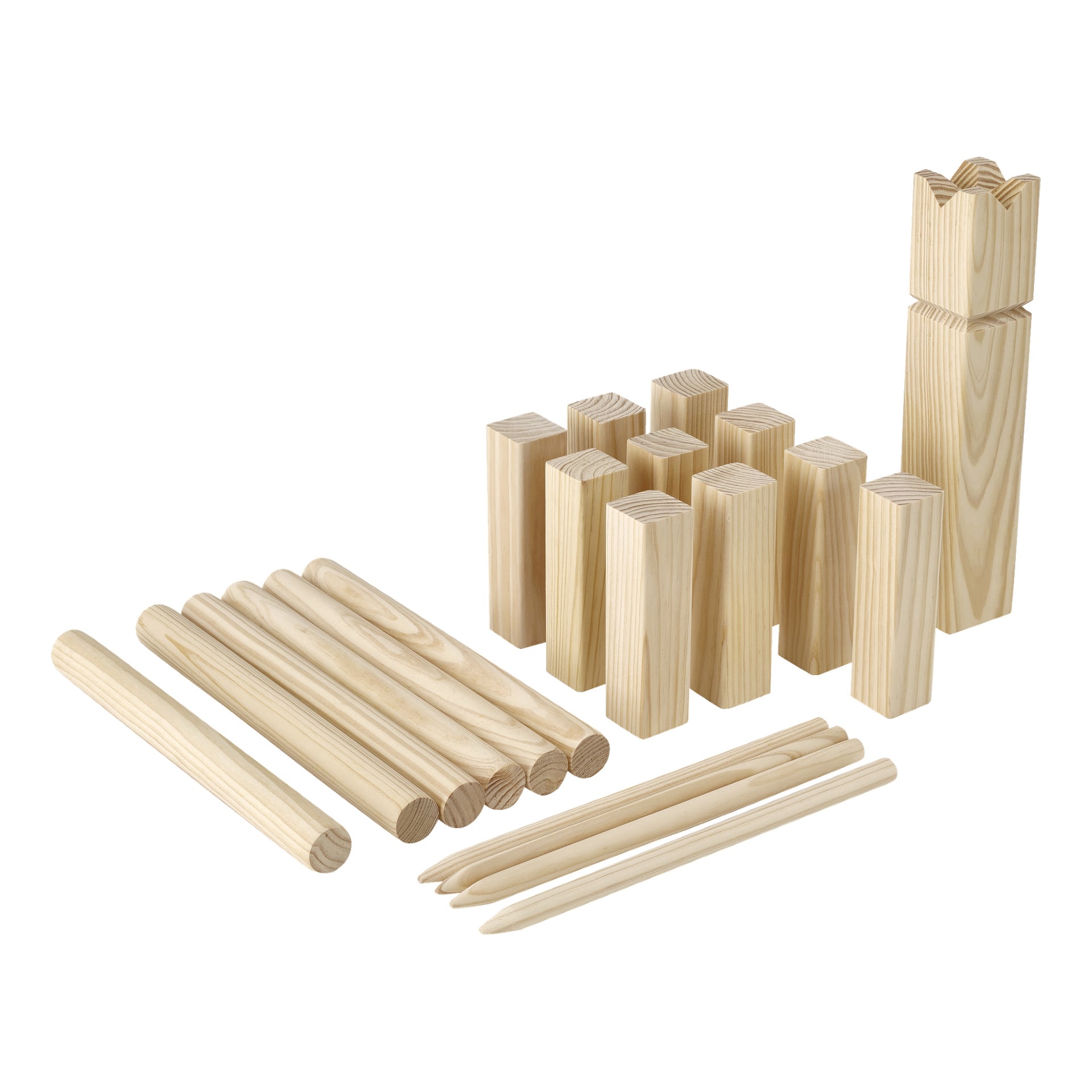 Ein Kayoba-Kubb-Spielset wird gezeigt, das rechteckige Holzblöcke, zylindrische Stäbe, vier Eckpfähle und ein markantes Königsstück mit Kronenform umfasst.