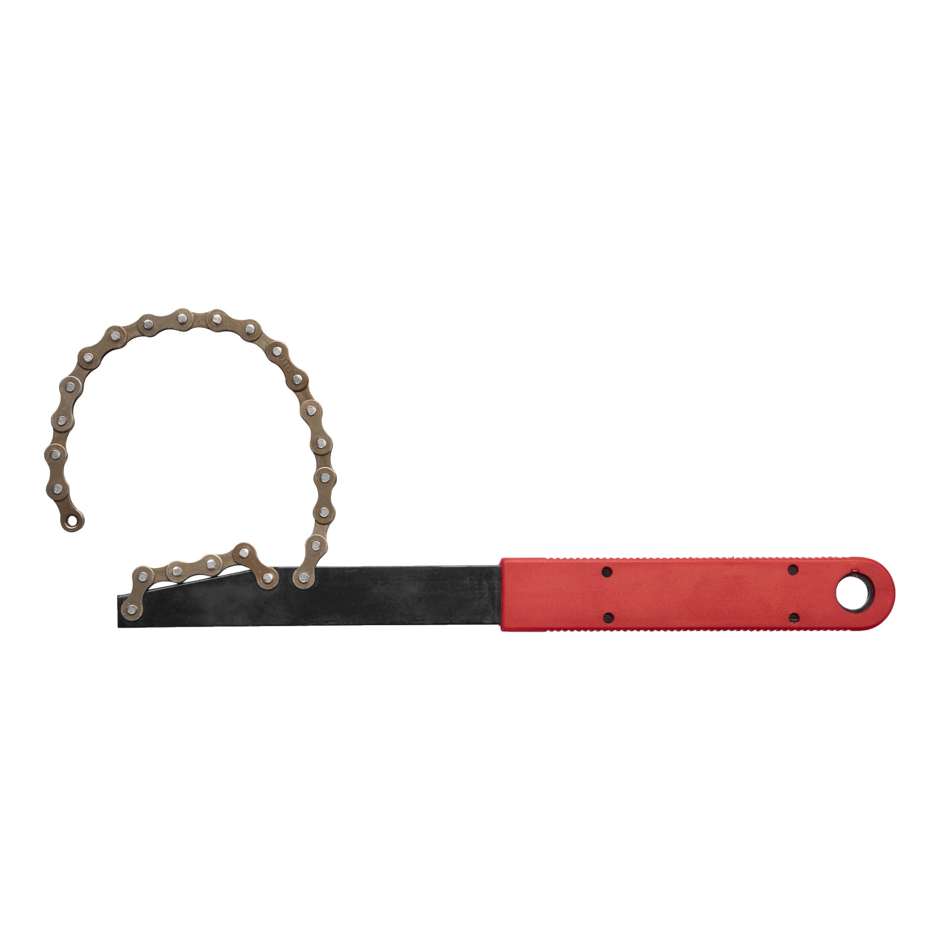 Kayoba Chain Whipissä on punainen kahva, ja osa pyörän ketjusta on kiinnitetty litteään mustaan metallitankoon. Sitä käytetään pitämään kasetti vakaana poistettaessa tai asennetessa.