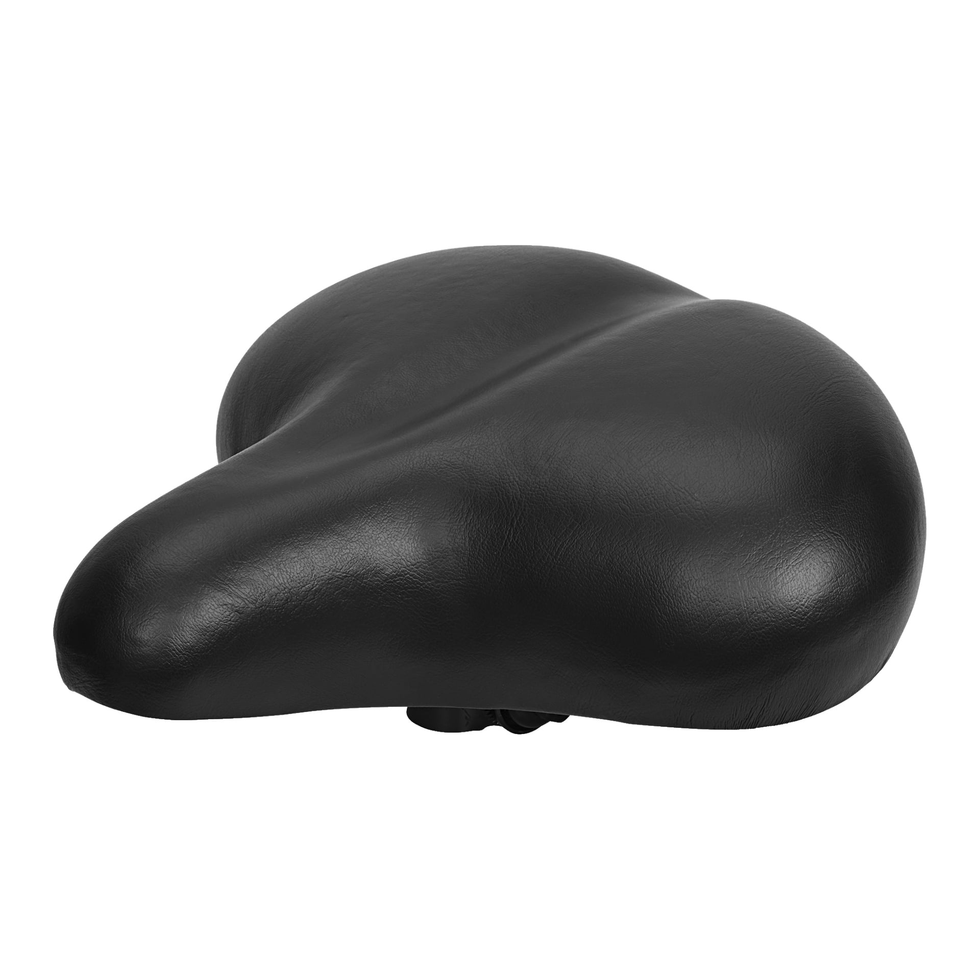 Nahaufnahme eines Kayoba-Fahrradsattels, der seinen breiten, schwarzen und gepolsterten Sitz mit einer schlanken, lederartigen Oberfläche und ergonomisch geformten Kurven für mehr Radkomfort zeigt.