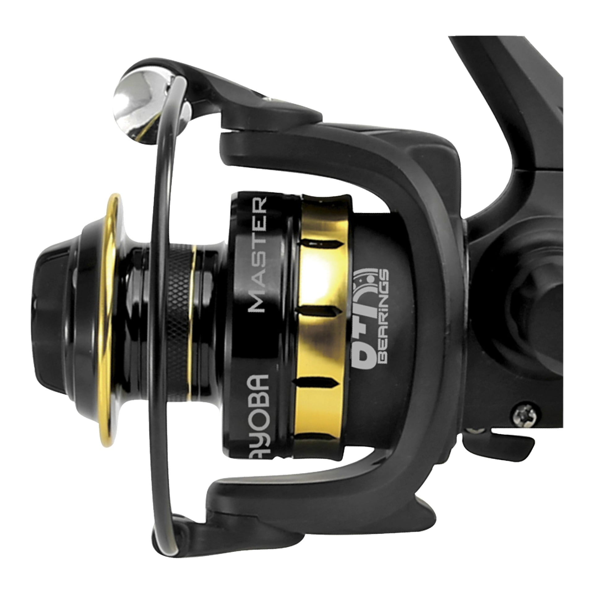 Szczegółowe zbliżenie czarno-złotego Kayoba Spinning Reel 2000FD, podkreślające szpulę i uchwyt. Na obudowie kołowrotka widnieje napis "Spinning reel 2000FD" oraz nazwa marki "Kayoba.