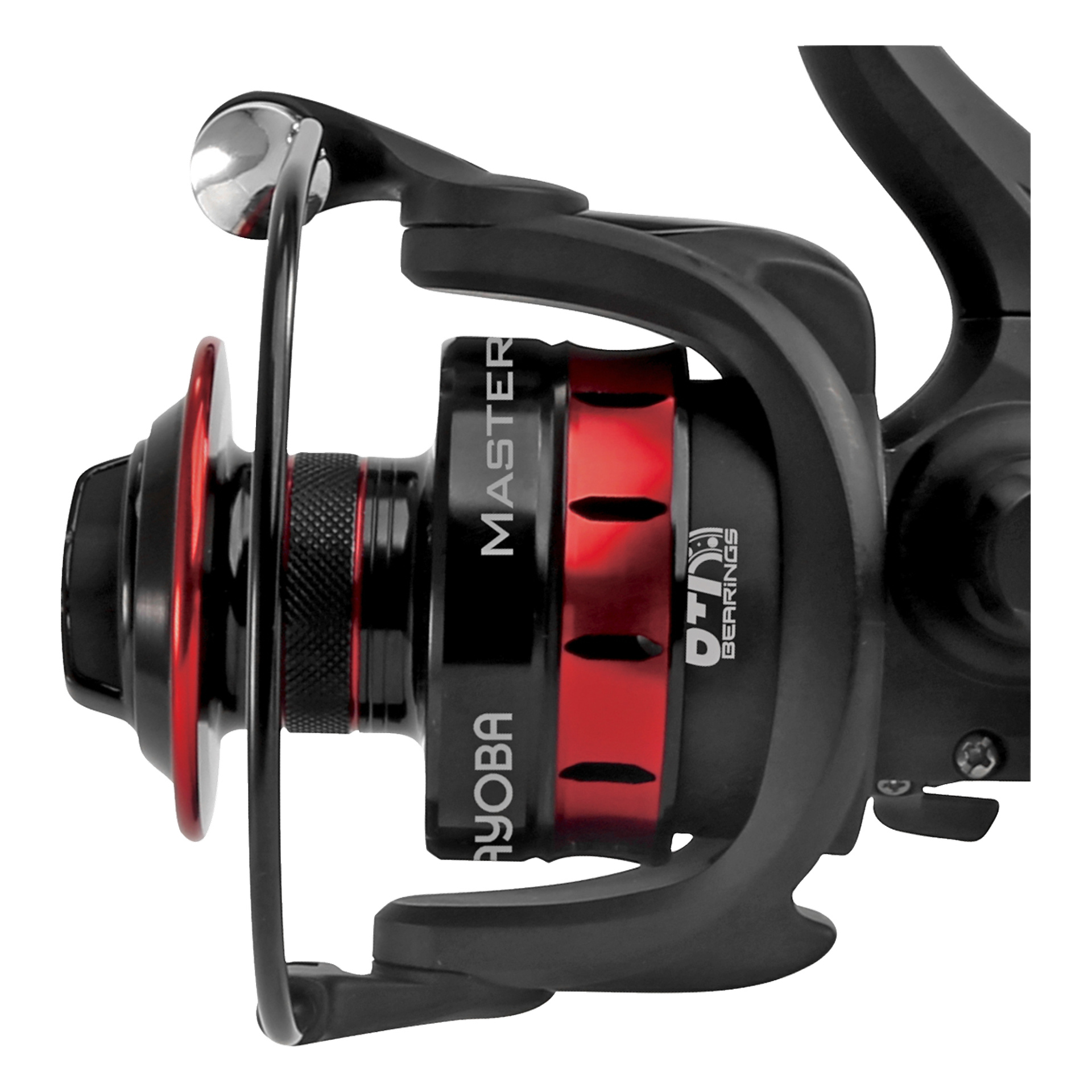 Zbliżenie na wirujący kołowrotek w czerni i czerwieni z etykietą Kayoba Spinning Reel 4000FD. Komowrotek ma metaliczny połysk i zawiera szczegółowe elementy do montażu na wędce.