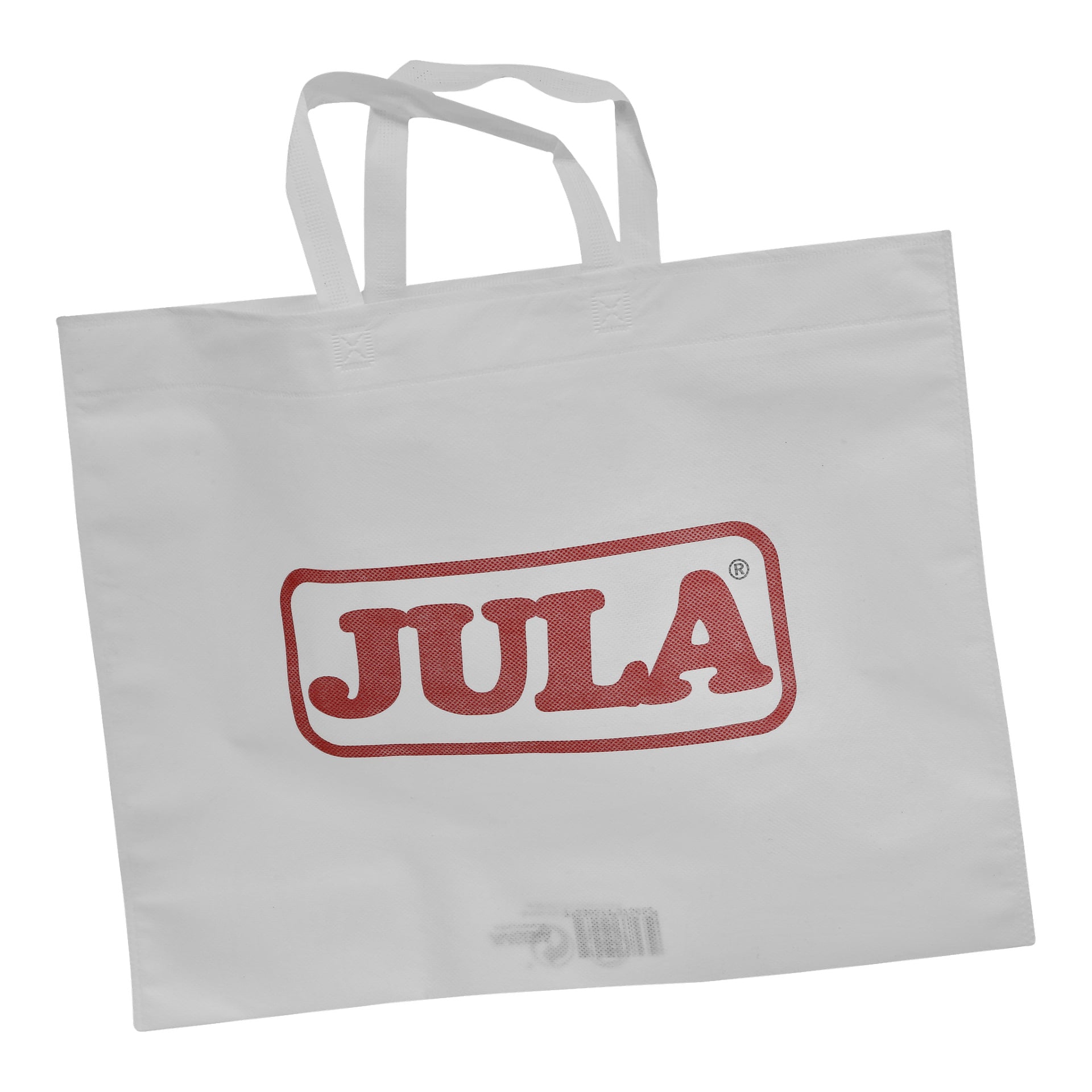 Biała, wielorazowa torba Jula z dwoma uchwytami, z czerwonym logo Jula na środku i kodem kreskowym u dołu.