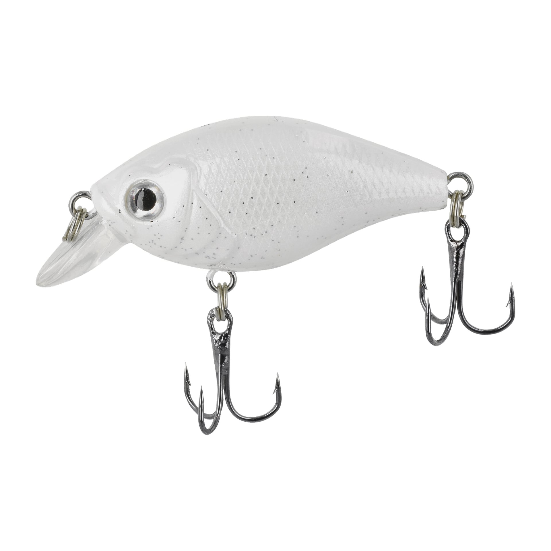 En hvit, fiskeformet agn fra Kayoba's Wobbler sett 3-pack har en flekkete finish, to trekroker, en liten klar dykkerleppe og et markant rundt øyedesign.