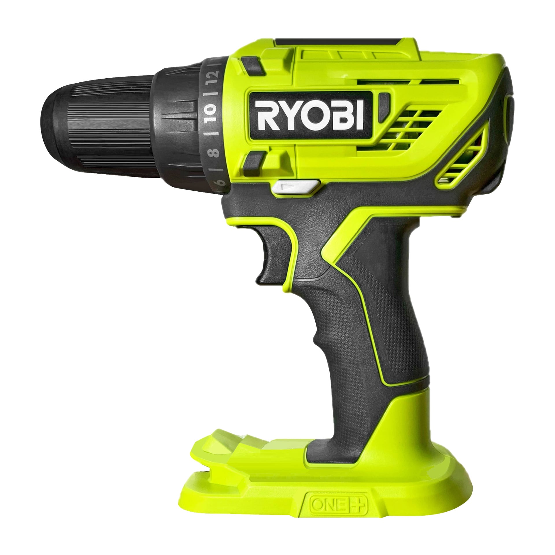 En klargrön och svart Ryobi One+ R18DD32-0-skruvmejsel syns från sidan, med ett svart handtag, justerbara vridmomentinställningar och RYOBI-logotypen på sidan. Basen visas utan batteri anslutet.