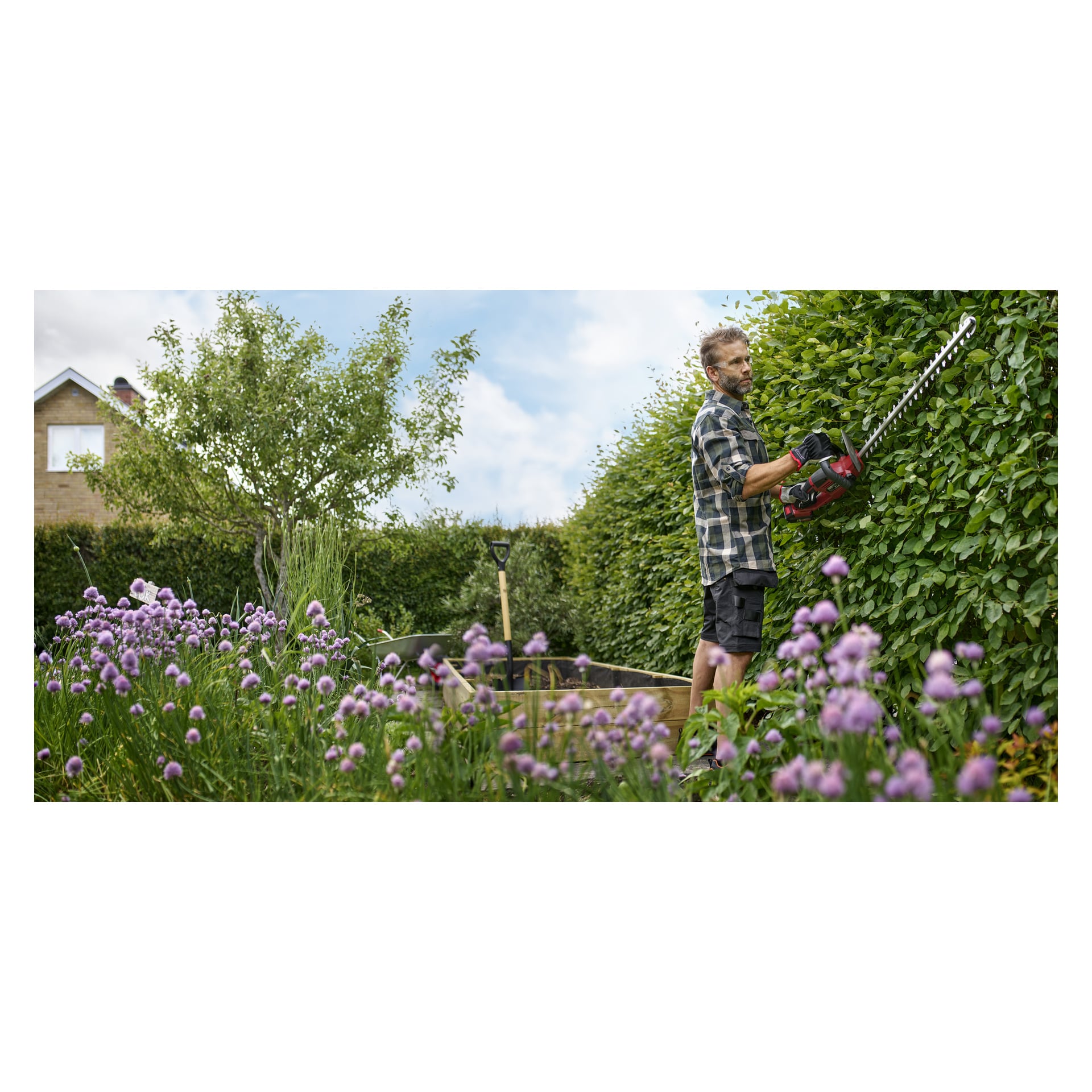 En mann iført rutete skjorte og shorts bruker Meec Tools Multiseries Battery Powered Hedge Trimmer HT-18V HOME 500 til å trimme en høy hekk i en hage fylt med lilla blomster, en opphøyd bed og en spade. I bakgrunnen er det et hus og et tre.