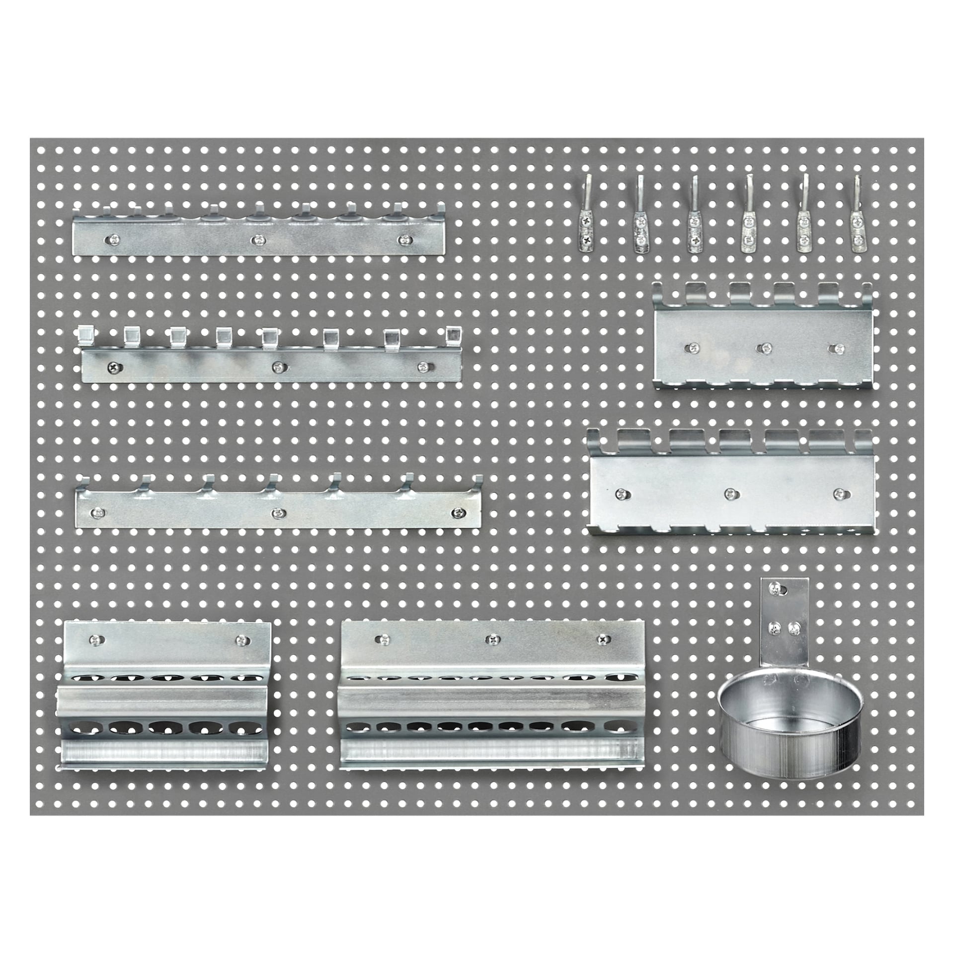 Ein Set aus 14 silbernen Metallhaken und Haltern von Hard Head ist ordentlich auf einem grauen, perforierten Werkzeugbrett präsentiert. Die Organizer unterscheiden sich im Design, um verschiedene Werkzeuge unterzubringen und so sichere Aufbewahrung und Organisation zu gewährleisten.