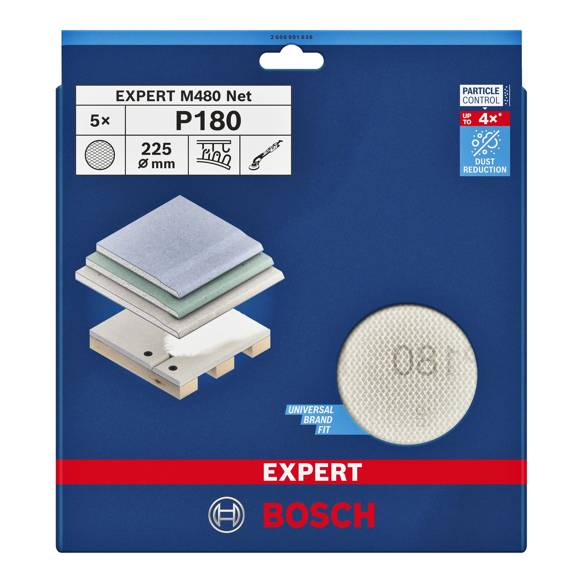 Bosch Expert Grinding Net Expert-pakke inneholder fem slipeskiver, hver P180 kornstørrelse og 225 mm i diameter. Emballasjen viser illustrasjoner av ulike materialer, en slipeskive og ikoner for støvreduksjon og universell kompatibilitet.