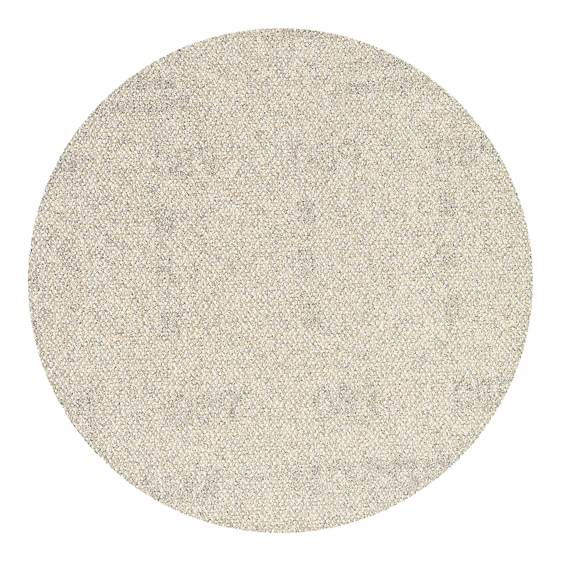 Et rundt slipeark fra Bosch Expert Grinding nett Expert 5 pack, som viser en glatt beige overflate med jevnt spredte slipekorn. Kantene er skarpt definerte, og sandpapiret viser jevn farge og tekstur overalt.