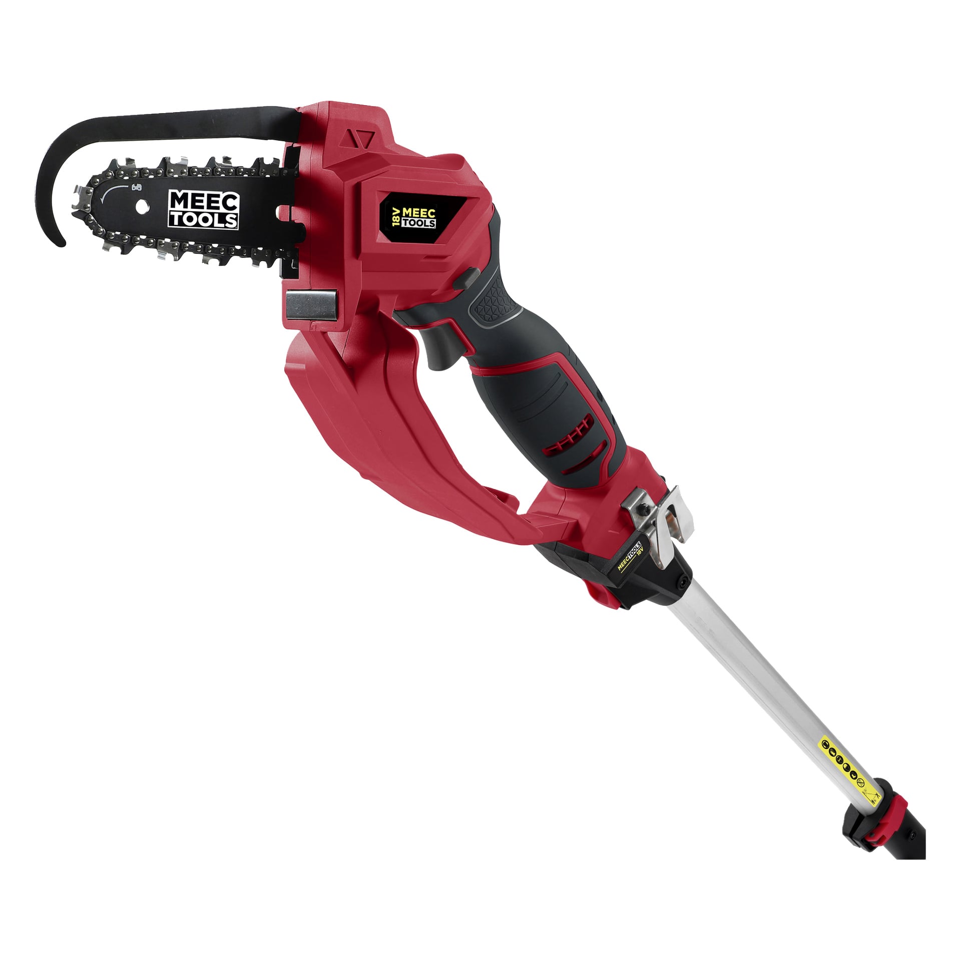 Ein Meec Tools Multiseries Teleskop-Griff mit roten und schwarzen Details, ausgestattet mit einer kompakten Kettensäge und einem Sicherheitsschutz, montiert an einer langen Metallstange, um höhere Bereiche zu erreichen.