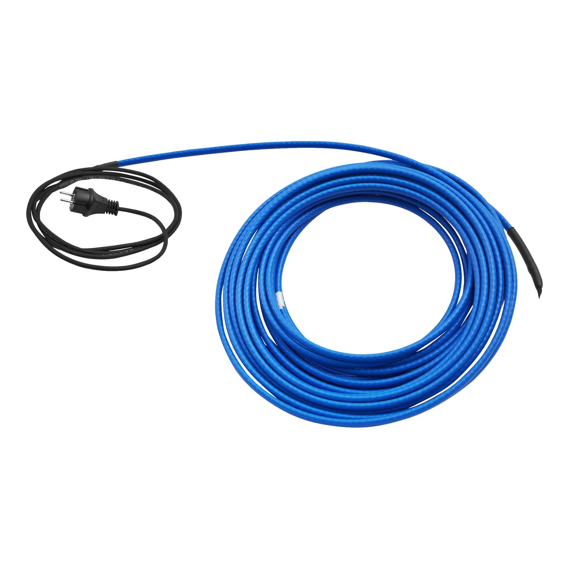 En lång, spiralad blå Anslut Frost-skyddskabel ligger bredvid en kortare svart kabel utrustad med en tvåpolig kontakt.