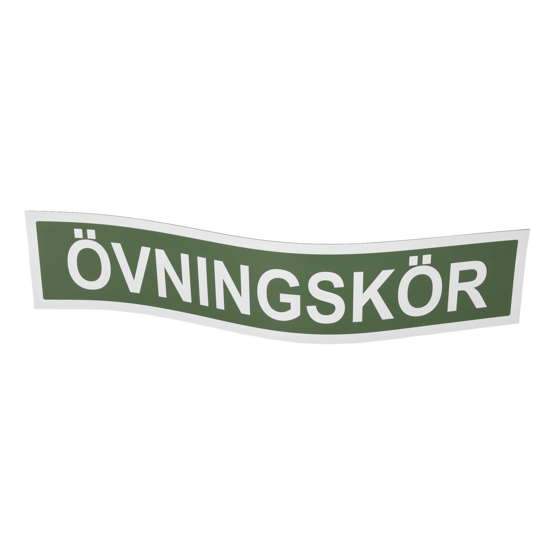 En grön och vit Hamron Learner-skylt med "ÖVNINGSKÖR" i fetstilta versaler på en lätt vågig bakgrund, som symboliserar en studentförare.