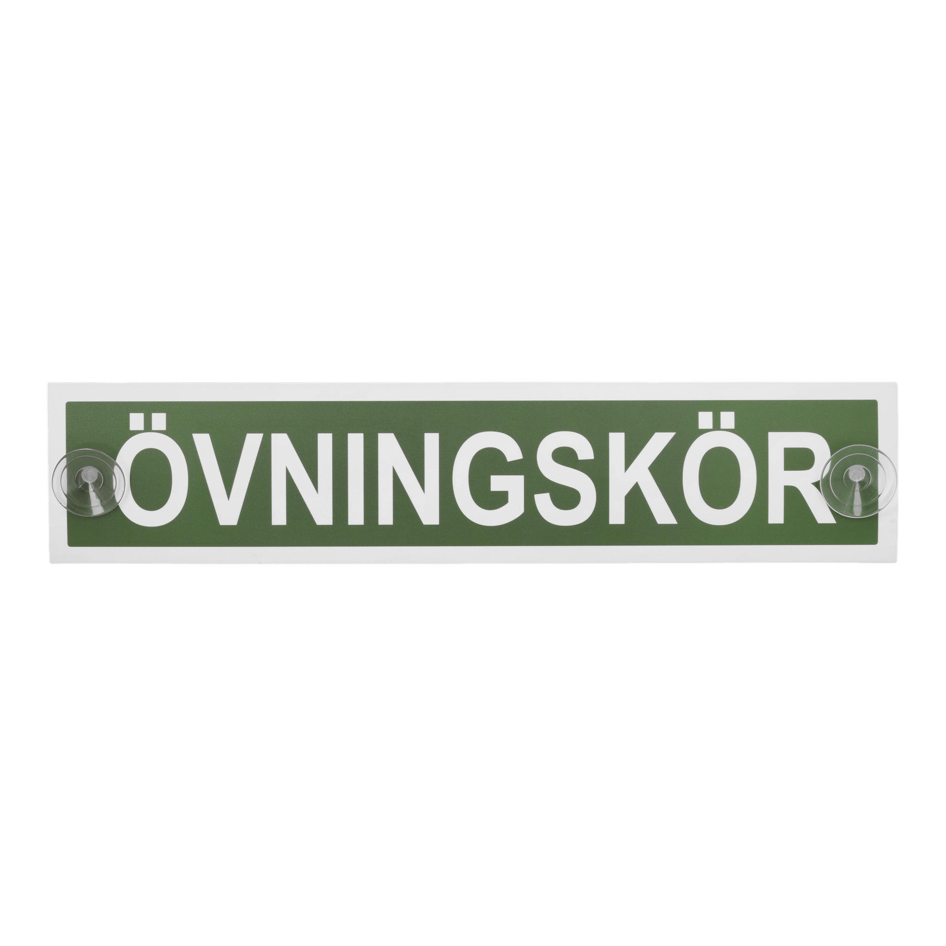 En rektangulär grön Hamron Learner-platta med ordet "ÖVNINGSKÖR" i vit text, med en transparent sugkopp på vardera sidan.
