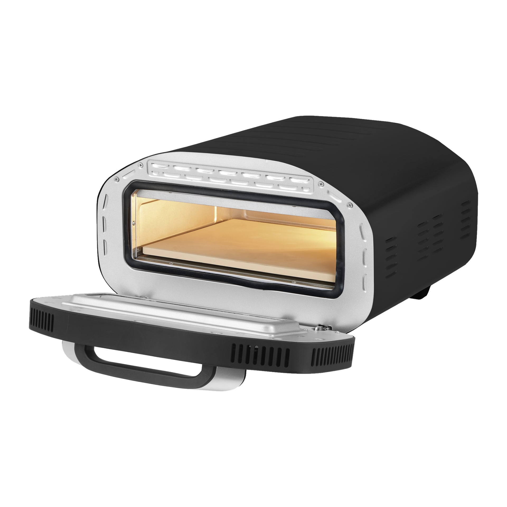 Bright Electric pizzaugn visar en elegant svart och silverfärgad bänkskiva med ytterdörren öppen, vilket avslöjar en stenugn inuti. Den har ett stadigt handtag på dörren och har sidoventilationsspår.