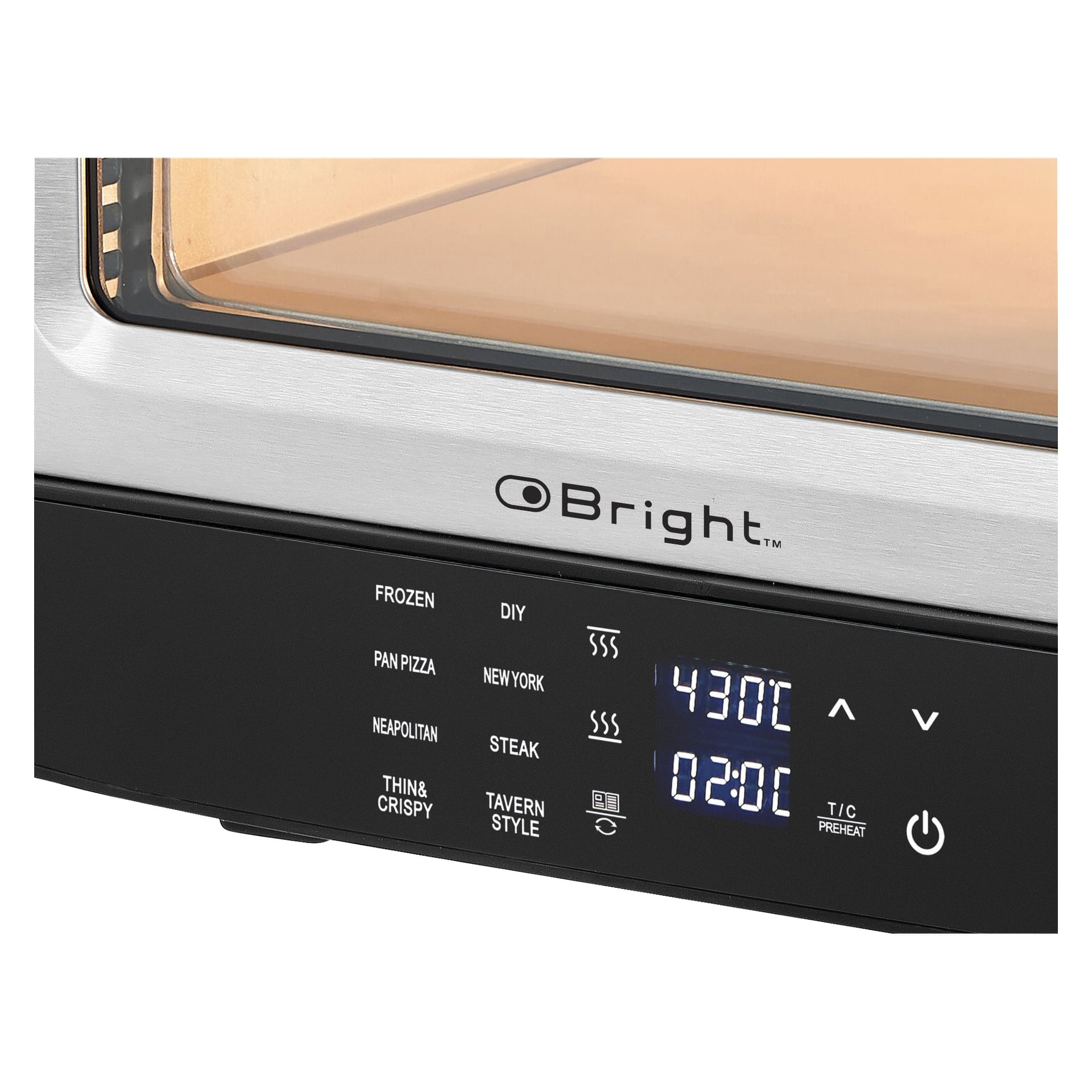 Närbild av Bright Electrics pizzaugns digitala kontrollpanel, som visar olika förinställda alternativ som fryst, pannpizza, neapolitansk, tunn och krispig, DIY, New York, biff och tavern-stil. Displayen visar en temperatur på 430°F med en timer inställd på 2 timmar och 20 minuter.