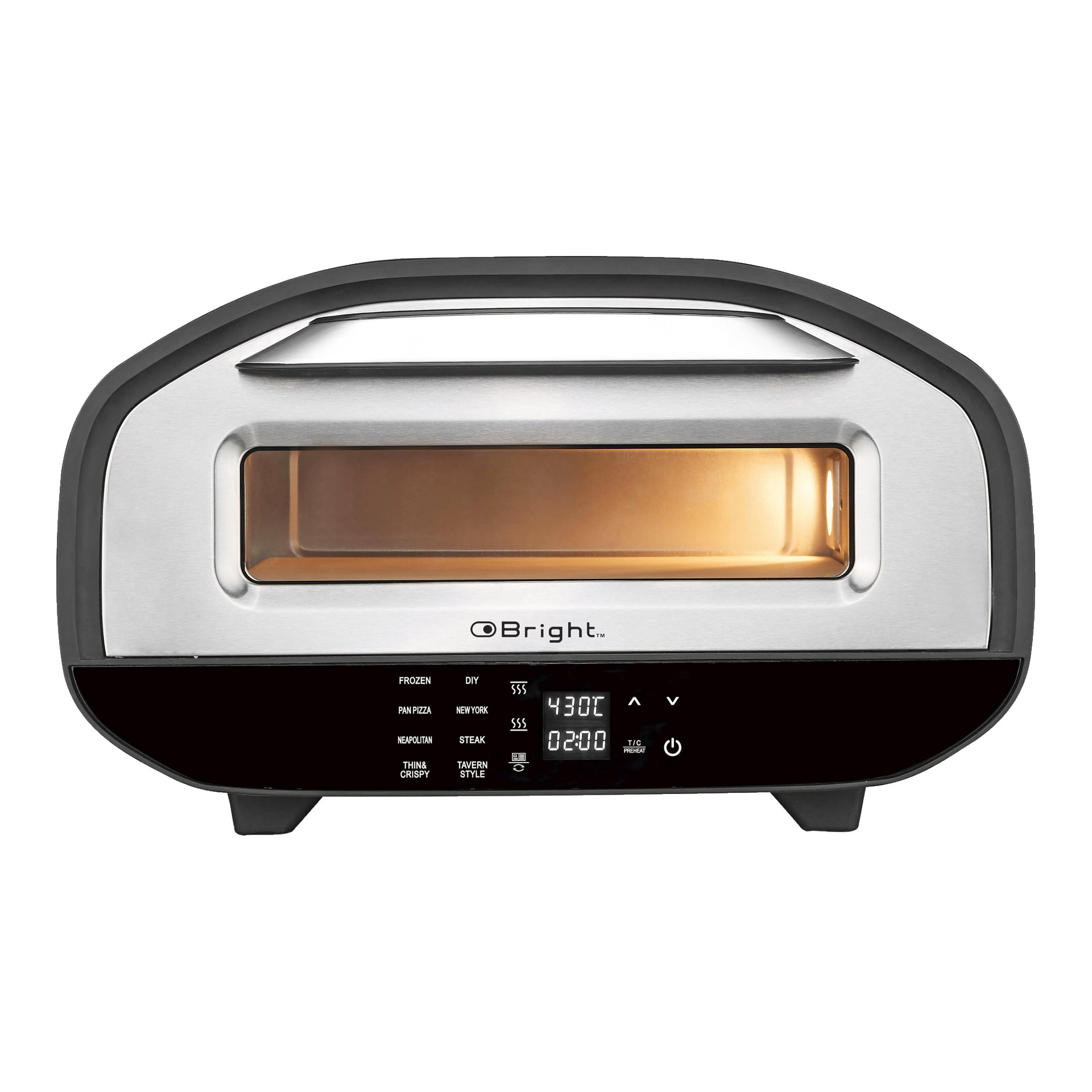 En elegant silver- och svart Bright Electric pizzaugn är placerad på bänken, utrustad med en digital displaypanel som visar temperatur, tid och olika förinställda funktioner. Dörren förblir stängd medan ett inomhusljus lyser upp den tomma matlagningskammaren.