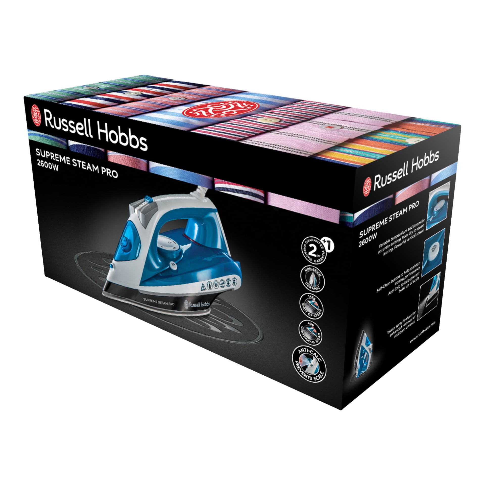 Die Verpackung des Russell Hobbs Iron Supreme Steam Pro ist eine schwarze Box mit Bildern des Bügeleisens, des Russell Hobbs-Logos, mehrerer Symbole und des Modellnamens in weißer Schrift. Ein lebendiges, farbenfrohes Design schmückt den oberen Rand der Schachtel.