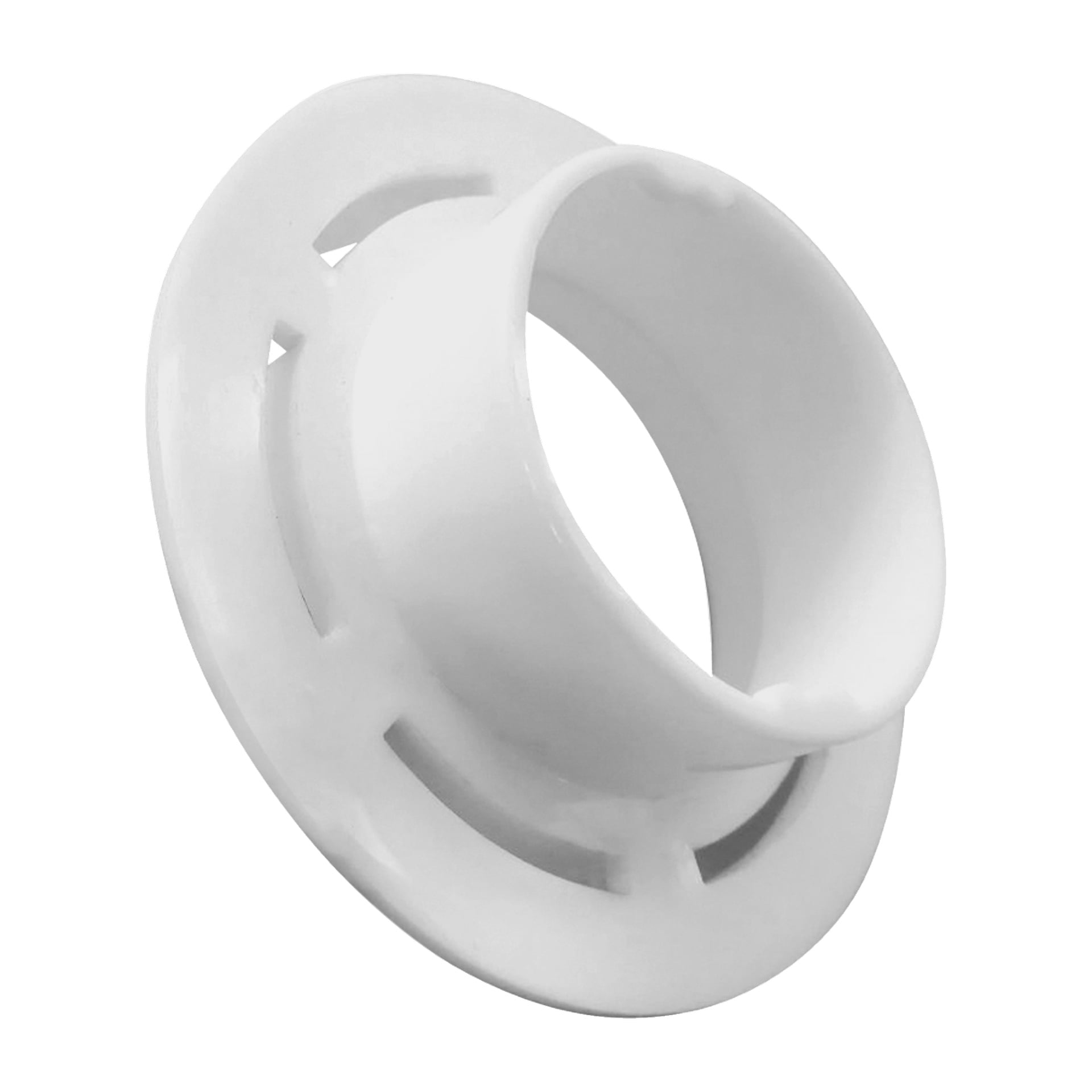 En vit plastfläns av SPA CAPS från Swim fun, med ett cirkulärt hål i mitten och spårade områden, avsedd för att fästa rör eller montera på en yta i ett desinfektionssystem för spabad.