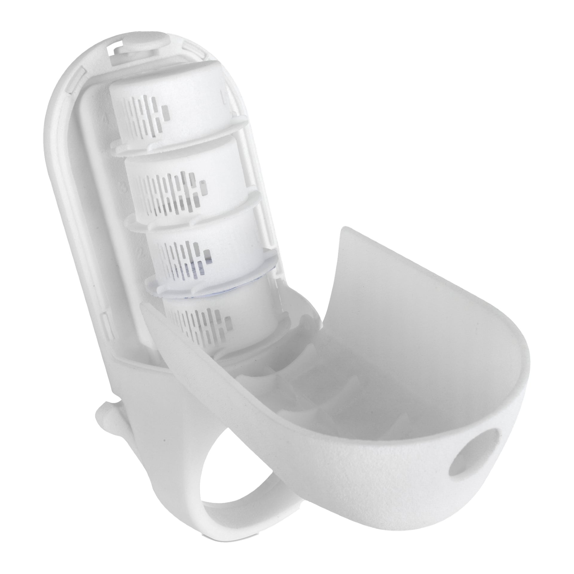 Ett vitt plast-SPA CAPS baddesinfektionskit från Swim fun, bestående av en böjd hållare med tre staplade cylindriska sektioner utformade för att hålla rengöringsblock.