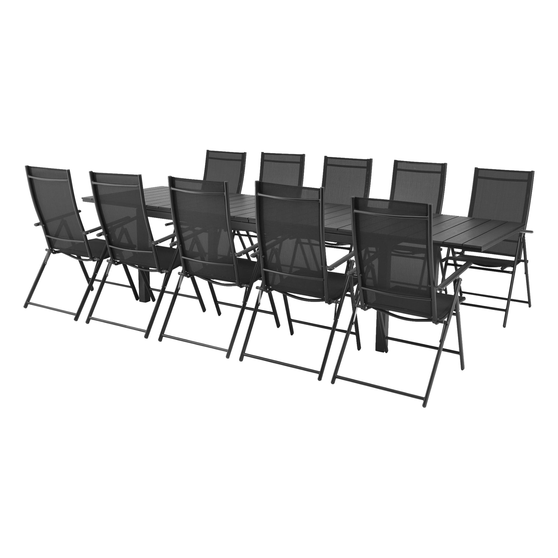 Et rektangulært svart EKVIP utebord flankeres av ti matchende EKVIP svarte stoler med nettingrygger, alle pent plassert på begge sider.