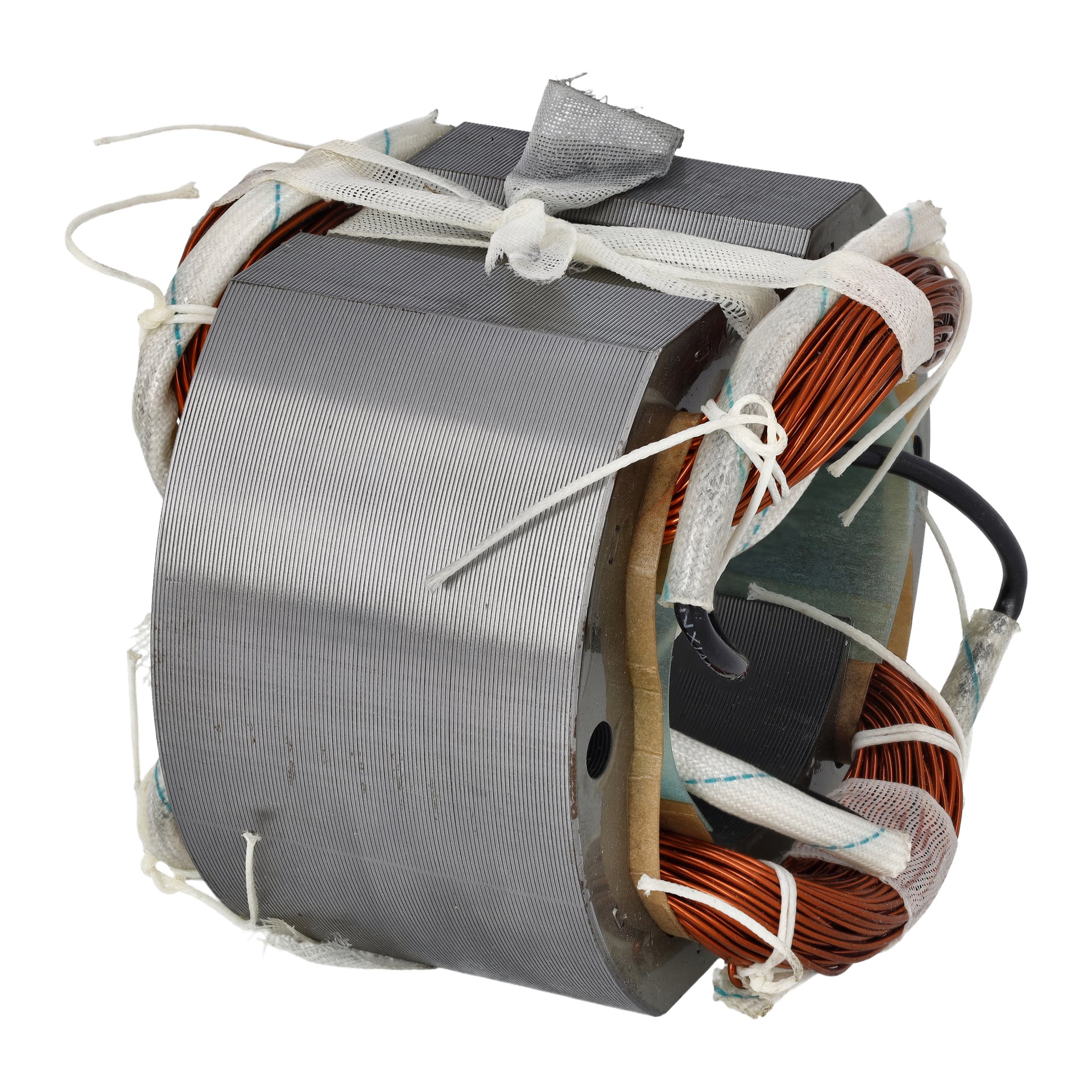 Motorlindning F. 017523 har en metalltransformatorspole, koppartrådlindningar, isolering och skyddstejp.