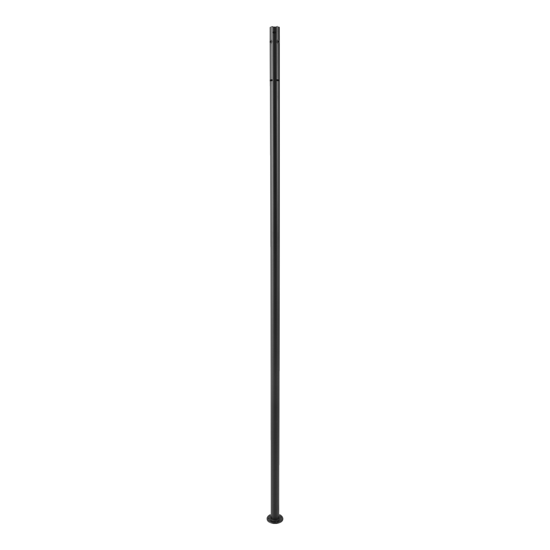 Lyxpaviljongen vid hörnstolpen har en hög, svart cylindrisk metallstång med en cirkulär bas och en slät yta.