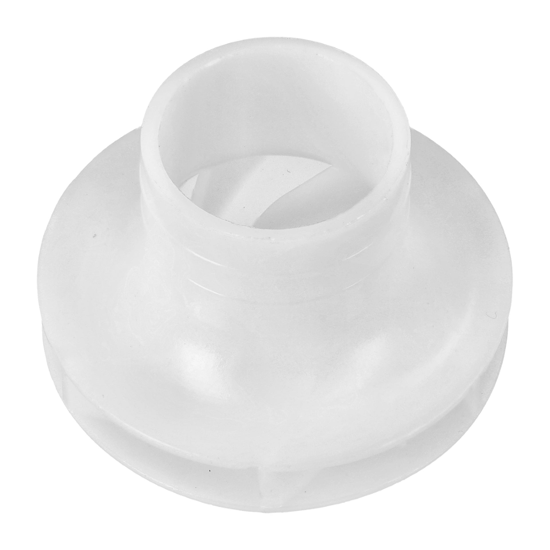 Impeller F. 018208 är en vit plastdel med bred bas, cylindrisk topp, slät yta och subtila åsar.