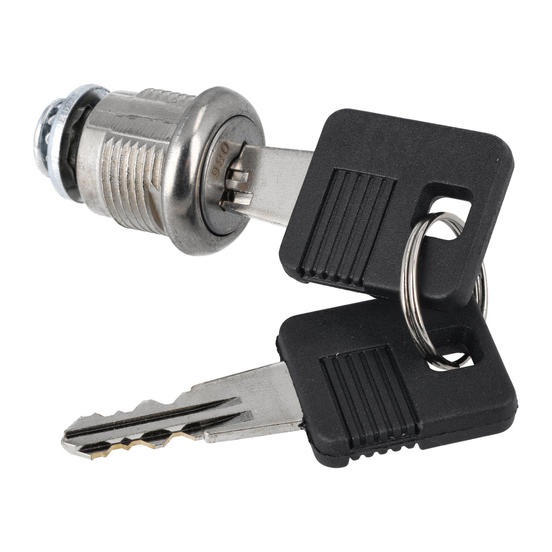 Lock Inkl. Keys F. 006417 har en metallcylinder och två nycklar med svarta grepp på en nyckelring i närbild.