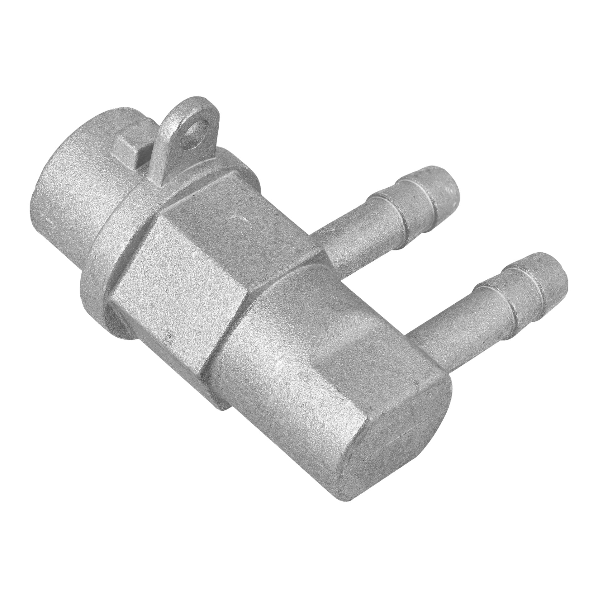 Adapter för munstycke, en metallkomponent med två slangkopplingar och en monteringsflik, används i bil- eller mekaniska system.