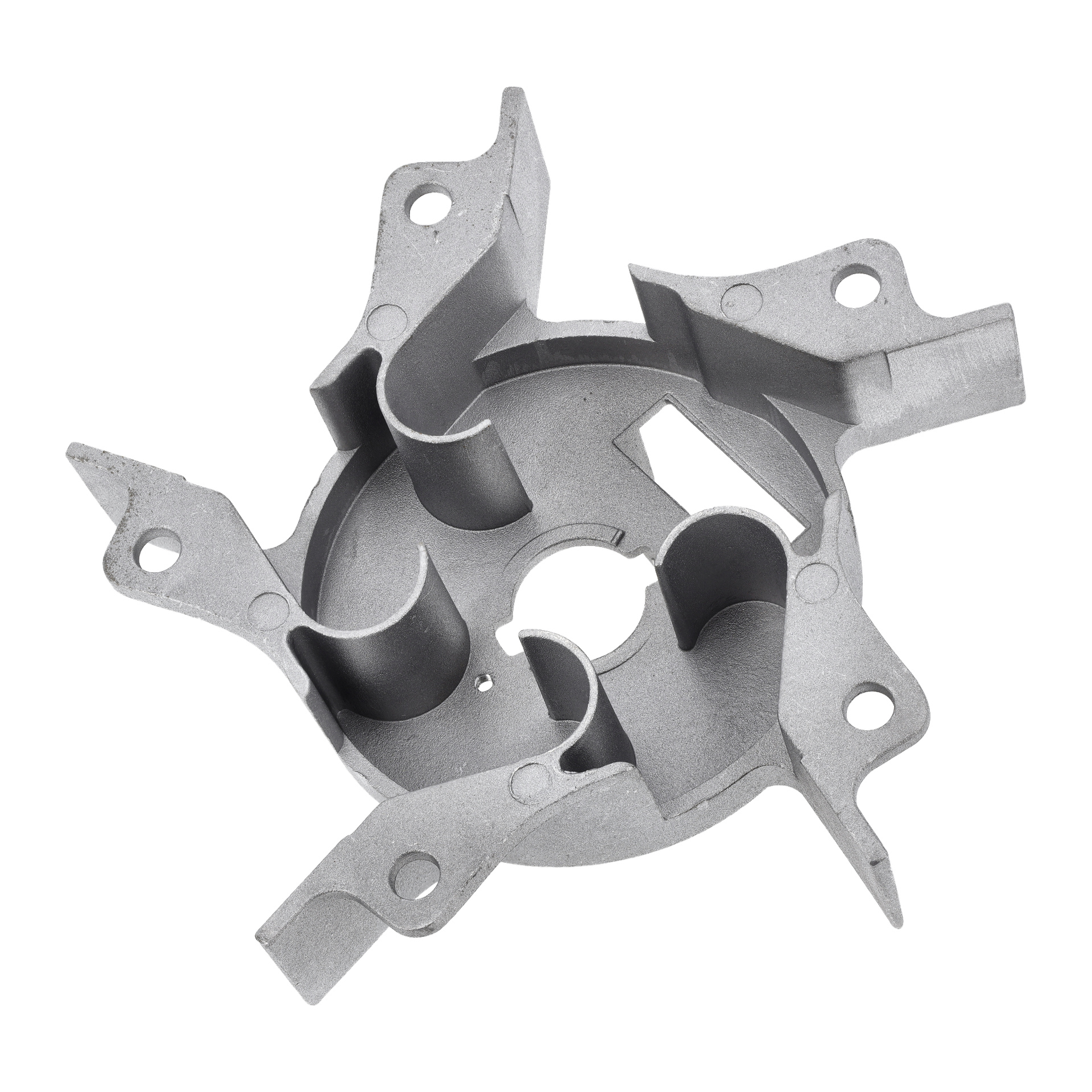 Grått metallbrännarhuvud med ett runt mitthål, fyra böjda stöd och fyra armar med hål, symmetriskt arrangerade.